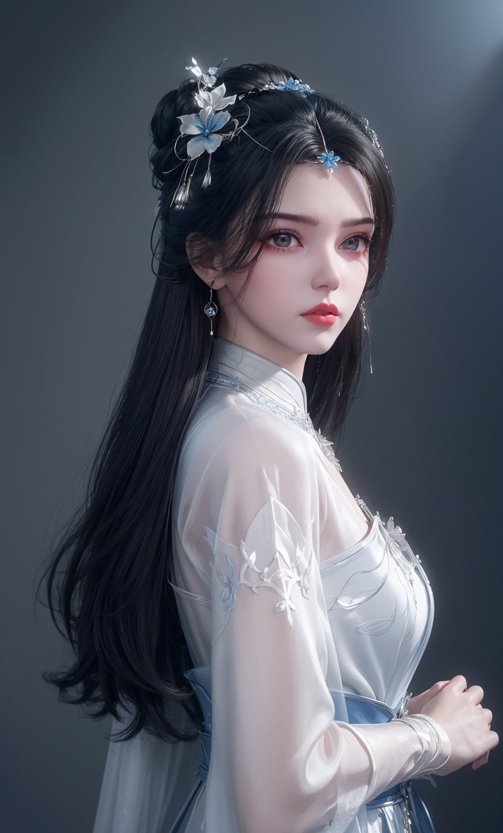 (Solid background:1.2),masterpiece,(best quality),official art,extremely detailed cg 8k wallpaper,(extremely delicate and beautiful),solo,realistic,photo_\(medium\),upper body,facial tattoo,(chinese clothes,, gown, jewelry , long hair,white gown,blue gown, long sleeves),adfxx,1girl,portxx,solo,earrings,flowerhair bun,hair flower,black hair,hair ornament,realistic,<lora:40muwan_v4.1:0.6>,adfxx,