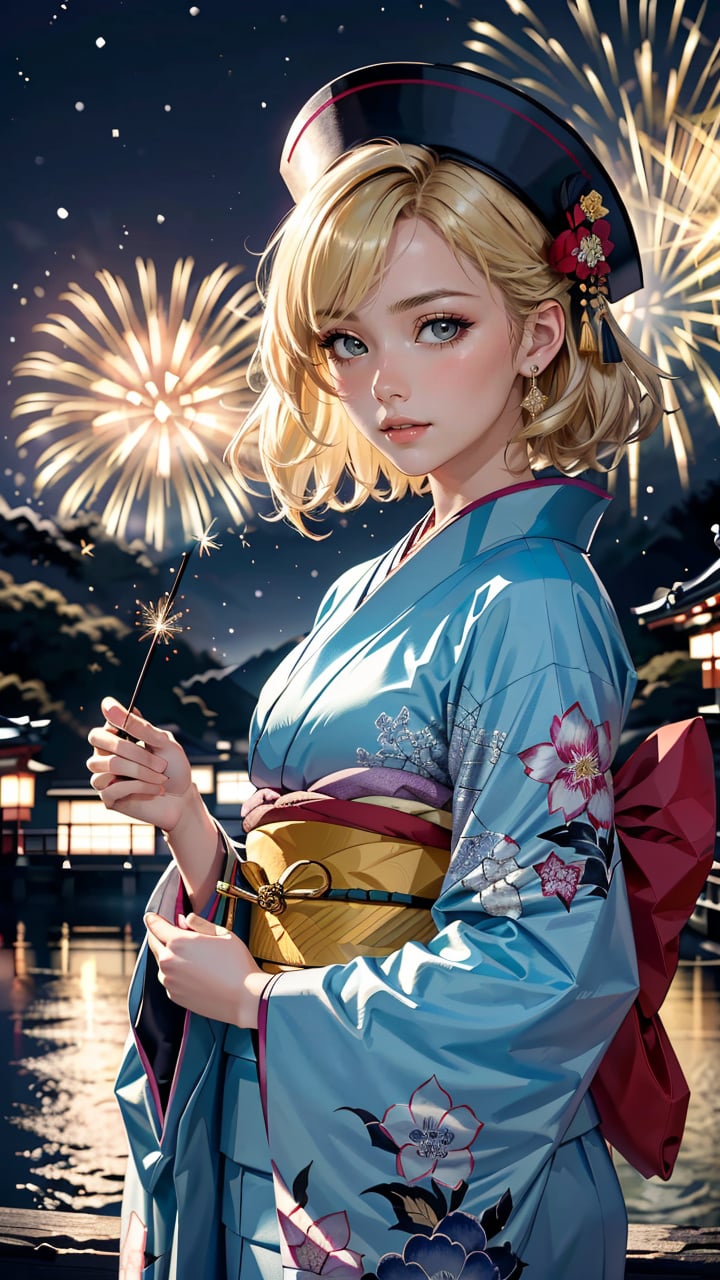 (best quality, masterpiece, colorful, dynamic angle, highest detailed) Realistic photo, fashion photography of a cute European girl with iridiscent blonde hair, flirting with POV, in traditional japanese gold&black kimono, ultra detailed kimono textures, Santa Clauss hat, perfect snowing night, kyoto, fireworks, (intricate details, hyperdetailed:1.15), detailed, moonlight passing through hair, (official art, extreme detailed, highest detailed), HDR+