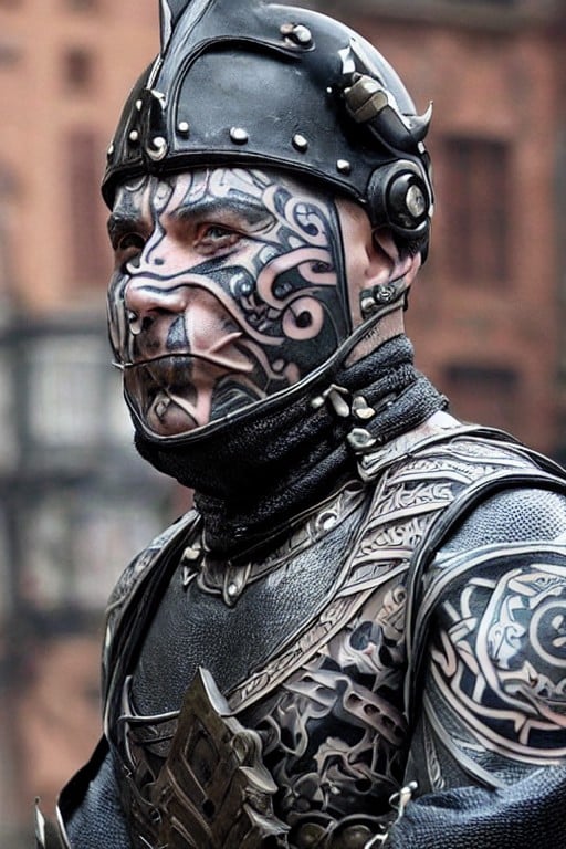 ((fantasy villain man)) with a (tattooed face) wearing a iron armour in front of a (medieval cityscape towers and buildings)