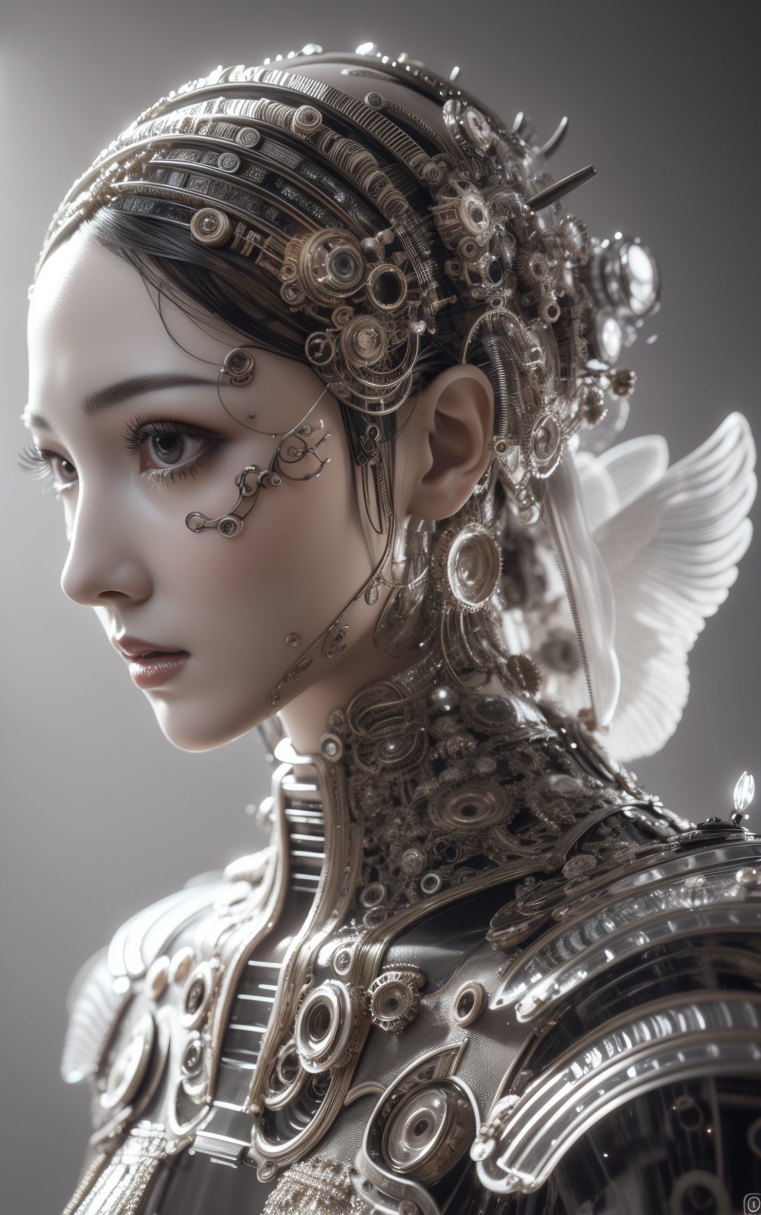 mythical dreamy black and white organic translucent bio-mechanical spinal ribbed profile face portrait detail of mechanical beautiful female angelic-human-queen-realistic-doll-cyborg,highly detailed,intricate crystal jelly steampunk ornate,poetic,3D render,digital art,octane render,8K artistic photography,photo-realistic,by Dora Maar,,