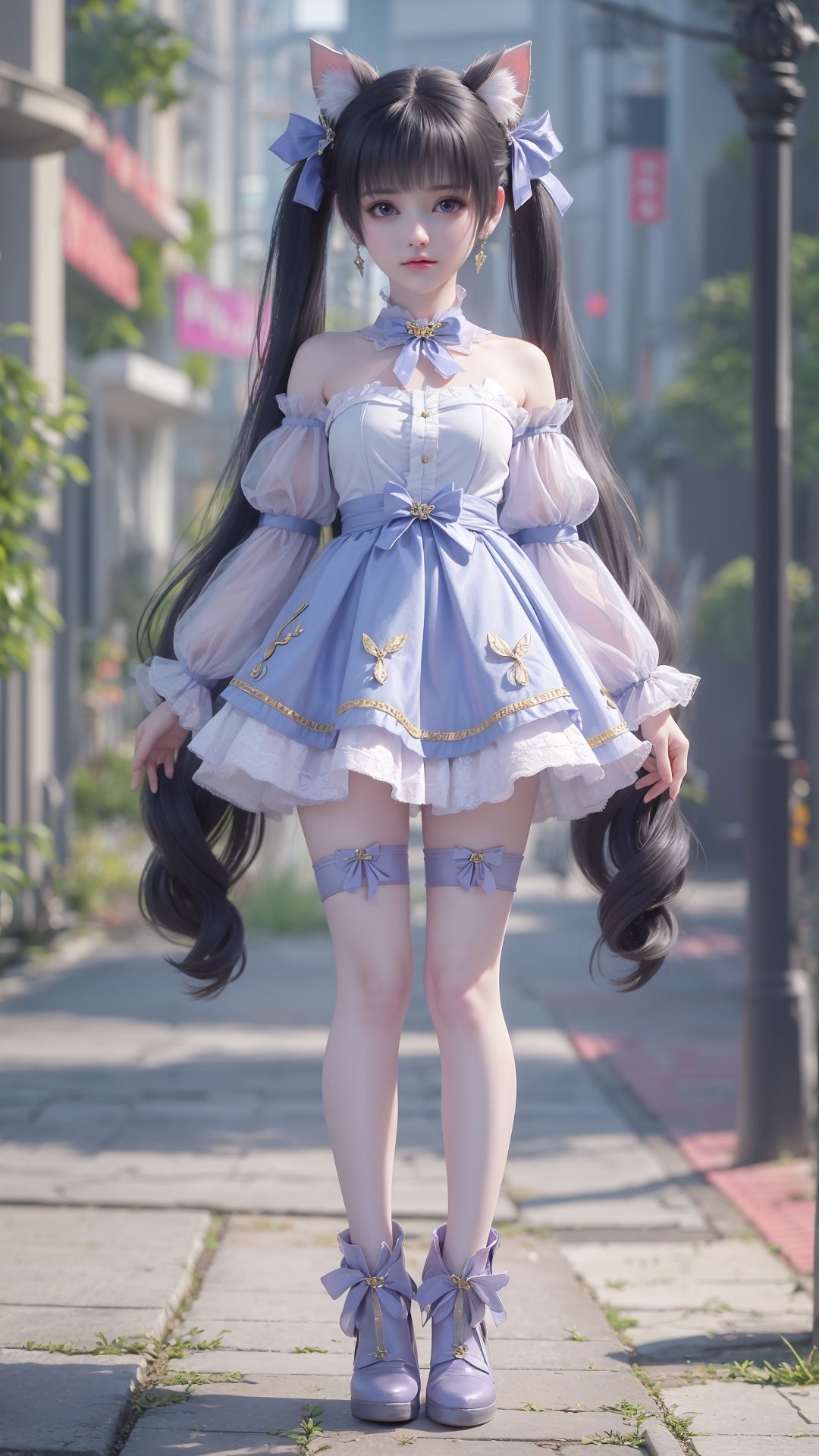 ZY,1girl,solo,twintails,realistic,purple eyes,black hair,hair ornament,(looking at viewer:1.2),lips,long hair,blurry,bare shoulders,bangs,closed mouth,blurry background,full body,<lora:ZY_20240517232504-000005:0.55>,1girl, solo, long hair, thighhighs, twintails, bangs, blue eyes, full body, long sleeves, bow, skirt, animal ears, outdoors, blurry, white thighhighs, very long hair, shirt, black hair, white shirt, blurry background, looking at viewer, blunt bangs, black footwear, standing, frills, drill hair, blue bow, blue skirt, puffy sleeves, hair bow, closed mouth, ribbon, lace-trimmed legwear, boots, lace trim, twin drills, cat ears, bowtie, depth of field, high-waist skirt, day, earrings, lips, jewelry, puffy long sleeves, blue ribbon, garter straps, blue bowtie, blush, animal ear fluff, colorful,incredibly absurdres,absurdres,huge filesize,wallpaper,pale skin,realistic,Cinematic Lighting,