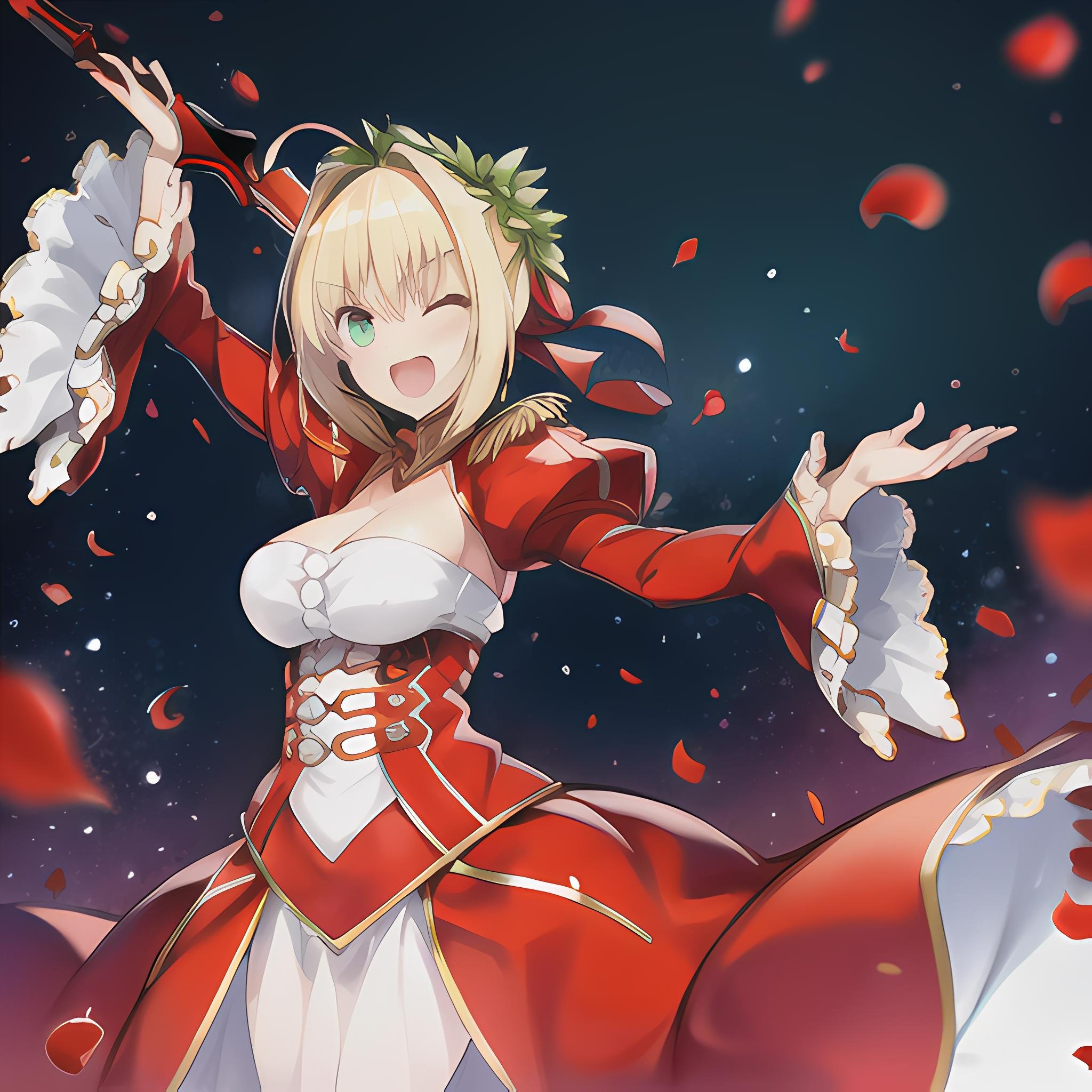 Nero Claudius, 1girl, solo, looking at viewer, blush, smile, open mouth, large breasts, long sleeves, dress, cleavage, hair between eyes, weapon, one eye closed, puffy sleeves, sword, wide sleeves, arm up, petals, hair intakes, red dress, ;d, juliet sleeves, epaulettes, head wreath, aestus estus, <lora:Nero_Claudius-24:0.8>