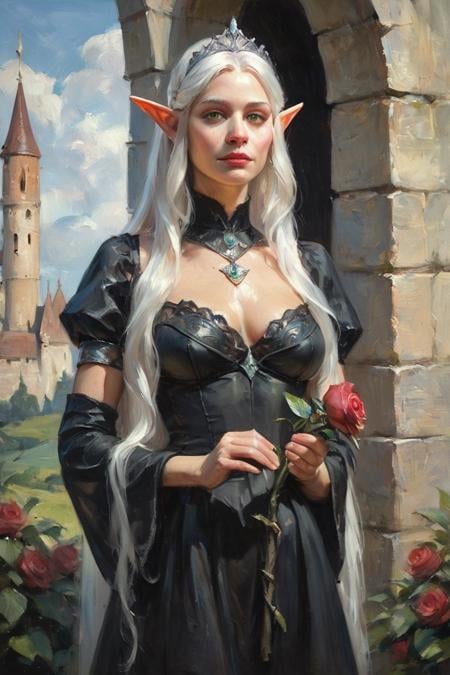 score_9, score_8_up, score_7_up, oil painting, traditional media, realistic, 1girl, solo, elf, pointy ears, breasts, long hair, very long hair, white hair, green eyes, portrait, looking at viewer, black dress, tiara, silver tiara, holding, holding flower, rose, red rose, necklace, jewelry, cowboy shot, standing, outdoors, castle <lora:Eldritch Oil Style LoRA_Pony XL v6:1>