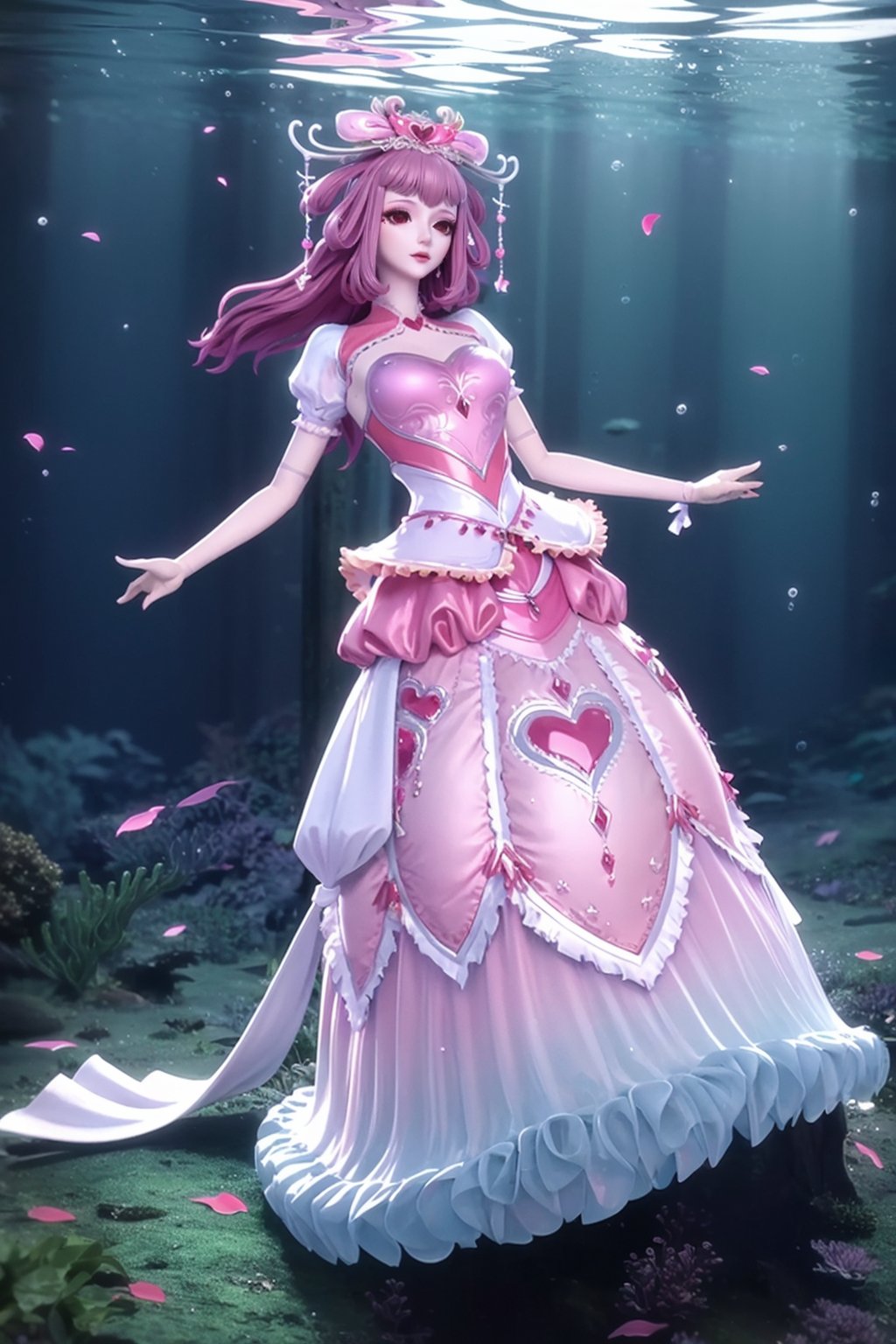 <lora:情公主-000008:0.7>,1girl,solo,(gown:1.4),(pink dress:1.4),(dress:1.2),hair ornament,(full body:0.1),masterpiece,(best quality),official art,extremely detailed cg 8k wallpaper,((crystalstexture skin)),(extremely delicate and beautiful),highly detailed,petals,petals_on_liquid,cherry_blossoms,hair_ornament,flower,rose_petals,day,looking_at_viewer,(((underwater))),