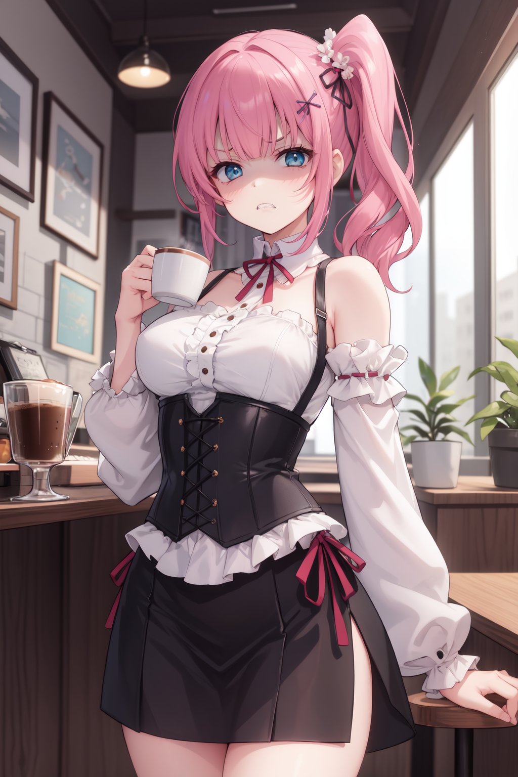 masterpiece,best quality,highres,ultra-detailed,(facing_viewer:1.1), solo, 1girl, side ponytail, medium_breasts, solo, corset, standing, indoors, coffee shop, cowboy_shot,disgust_face,frown,(shaded_face:1.2),clenched teeth, <lora:SelfTraining_表情-鄙視眼神:1>