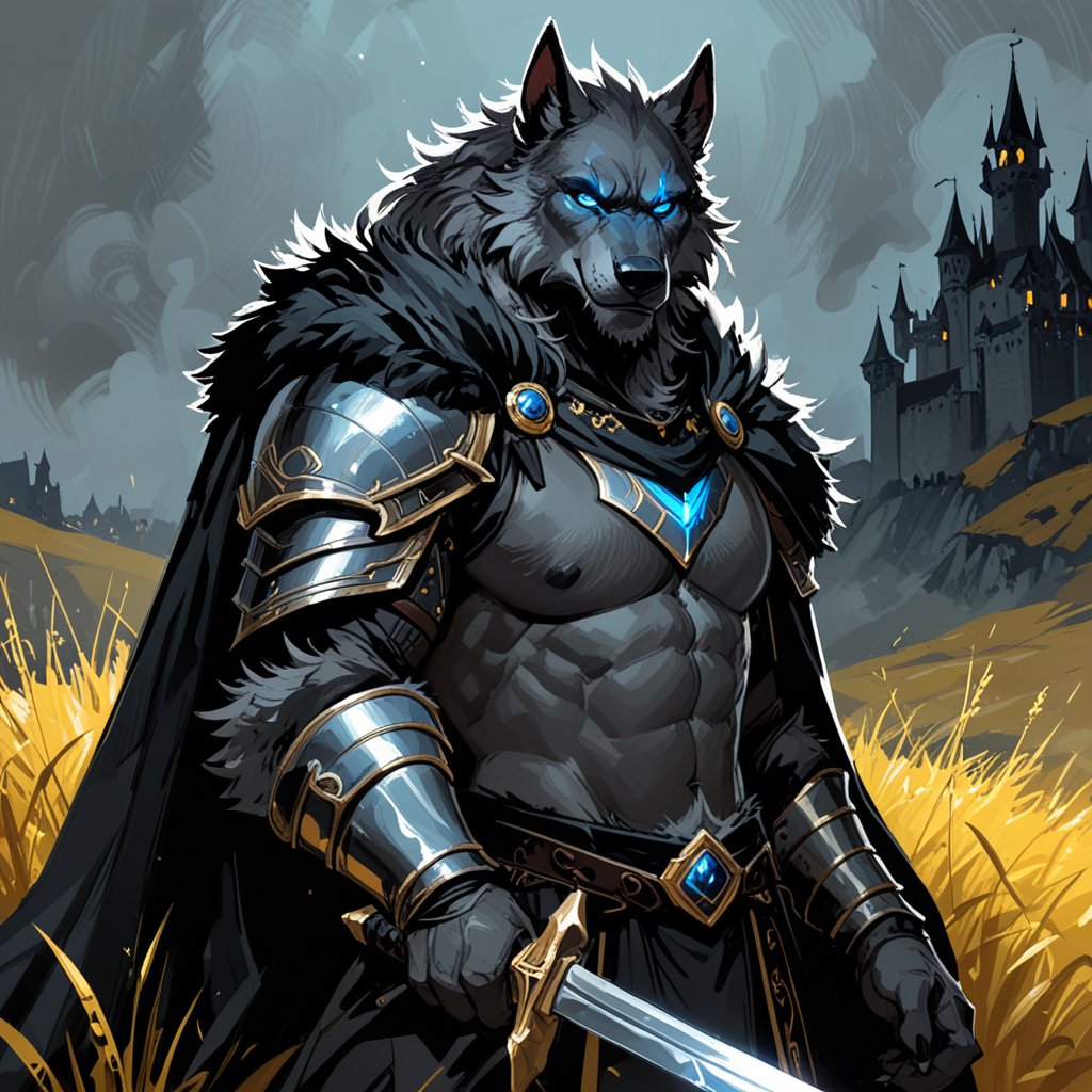 (elden ring), by Derek Gores, by Crookedtrees, anthro male (blaidd \(elden ring\):1.25), werewolf, armor, grey furred cloak, blue eyes, grey body, eye scar, holding big sword, half-length portrait, night, golden grassland, glowing grass, castle, foggy, realistic