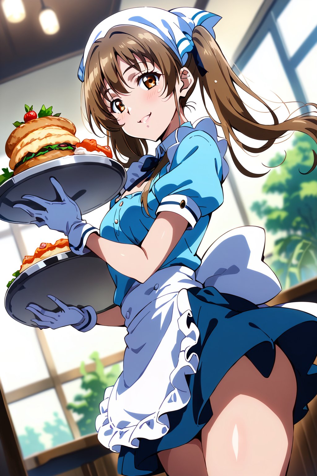 score_9, score_8_up, score_7_up, score_6_up, score_5_up, score_4_up, source_anime, cowboy shot, sunohara shizuka, 1girl, solo, sidelocks, twintails, smile, apron, blue shirt, blue skirt, frilled apron, frills, gloves, head scarf, shirt, short sleeves, skirt, uniform, waist apron, waitress, white apron, white gloves, food, tray, food tray, indoors, restaurant, looking at viewer, dutch angle, cowboy shot, masterpiece, best quality, cute girl, beautiful girl, perfect body, perfect face, uncensored, hair bow, masterpiece, best quality, cute girl, beautiful girl, perfect body, perfect face, uncensored, hair bow, <lora:sunohara shizuka mala:1>