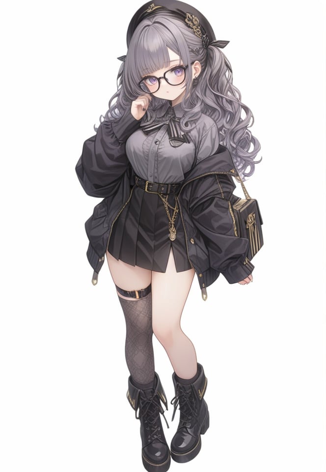 (best quality), ((masterpiece)), (highres), illustration, original, extremely detailed,  <lora:幻想华服萝莉:0.6>1girl, solo, boots, glasses, long hair, thighhighs, white background, skirt, shirt, simple background, single thighhigh, purple eyes, black footwear, full body, grey shirt, jacket, black skirt, off shoulder, grey hair, black-framed eyewear, long sleeves, looking at viewer, black jacket, open clothes, bangs, bag, hat, open jacket, thigh strap, black headwear, belt, sleeves past wrists, breasts