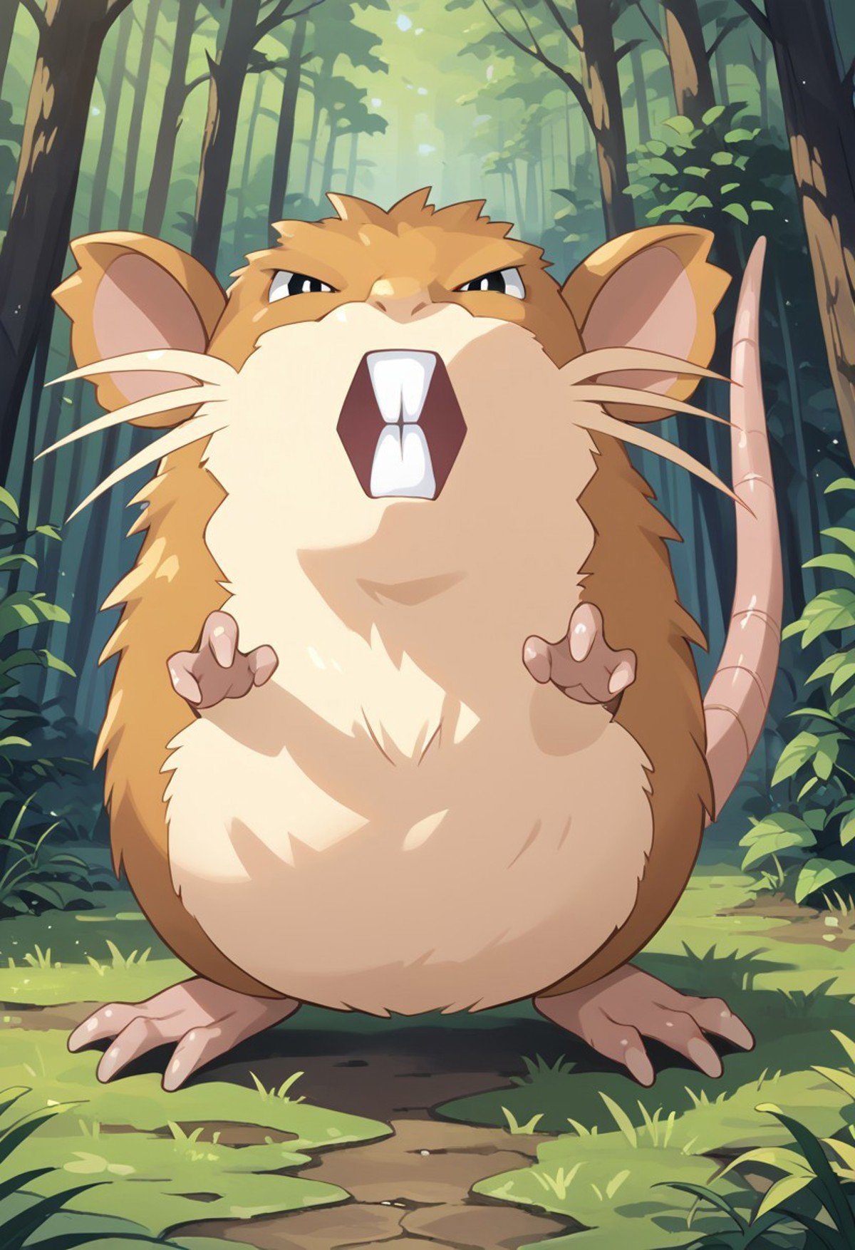 (source_anime, score_9, score_8_up, score_7_up:1), solo male, raticate, feral, looking at viewer, outdoors, forest