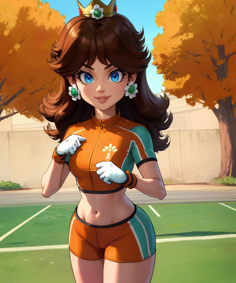 Daisy,brown hair,blue eyes,long hair,flower earrings,small crown,number 8 soccer uniform, short sleeves,white gloves, orange shorts,midriff,clenched hands,number 8,standing,smile,soccer field,science fiction,outdoors,(insanely detailed, masterpiece, best quality),<lora:Daisy-11SMSv9:0.8>,
