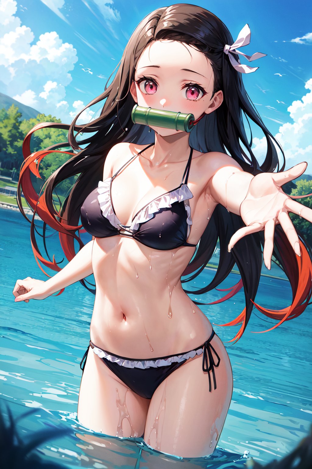 masterpiece, best quality, highres, aanezuko, long hair, multicolored hair, hair ribbon, bit gag, mouth hold, <lora:kamado_nezuko_v1:0.7>, frilled bikini, wet, water, partially submerged, blue sky, standing, cowboy shot, reaching out, 