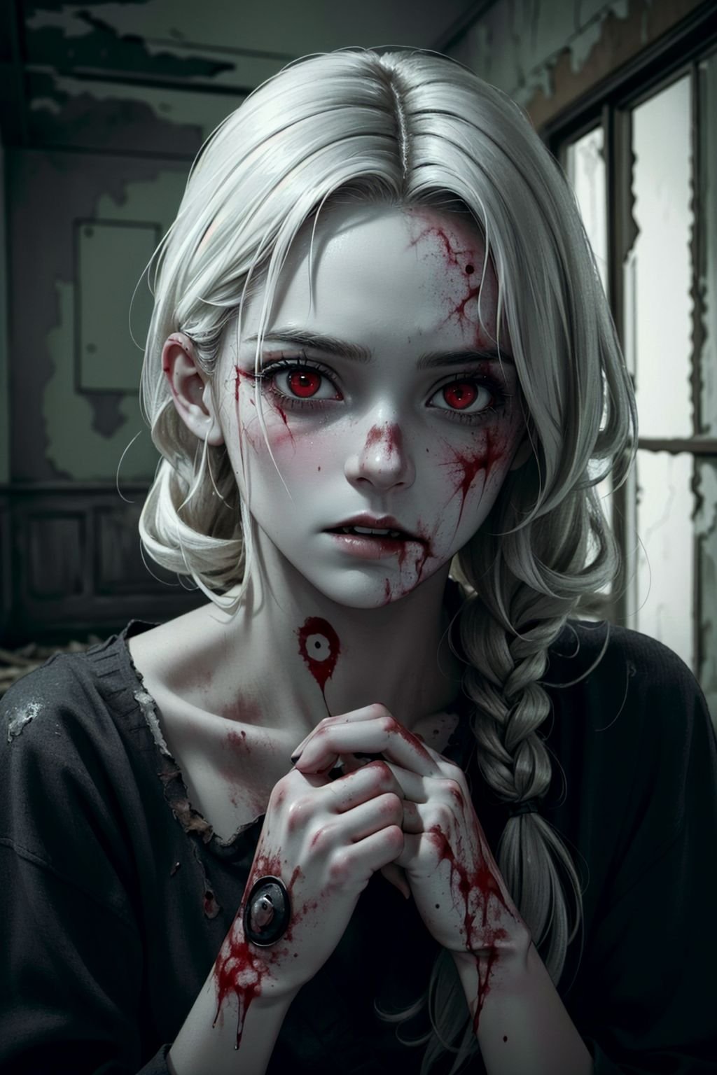 zombie girl in a ruined room, vampire, blood on her hands, disheveled hair, detailed face, Suspicious facial expression, pale skin, (zombie pose:1.2), (red eyes:1.3), (detailed skin texture:1.2), (photorealistic:1.5), ultrasharp, (masterpiece), best quality, (extremely detailed:1.3), perfect hands, horror movie concept