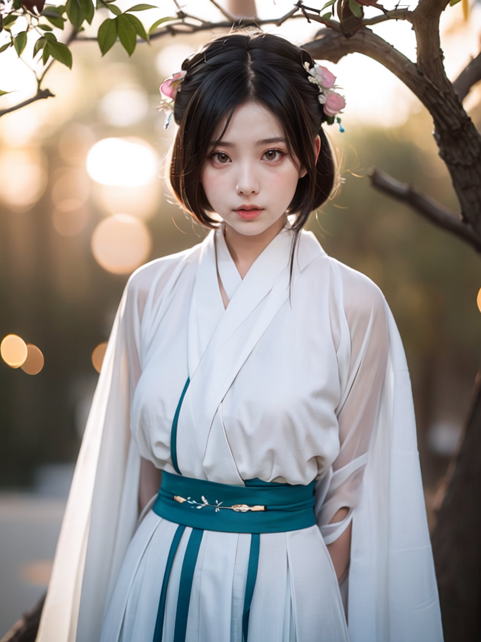 1girl,looking at viewer,bokeh,hanfu,<lora:好吃米-SD1.5-hanfu-000007:0.6>,upper body,arms_behind_back,