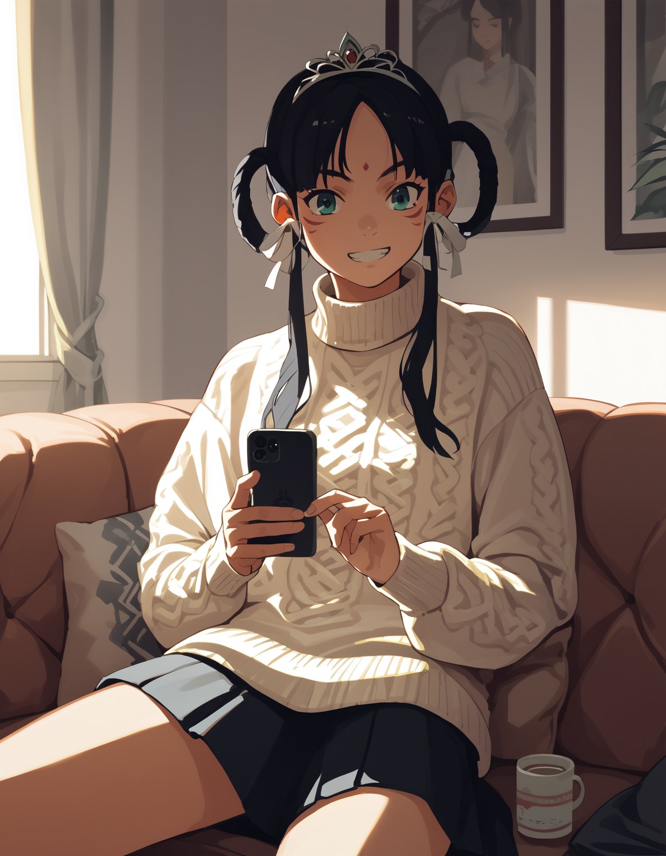 score_9,  score_8_up, score_7_up, source_anime <lora:rayfa-ponyxl-000017:1> rayfa, tiara, sweater,1girl, solo, grin, couch, smartphone, sitting, indoors, messy room