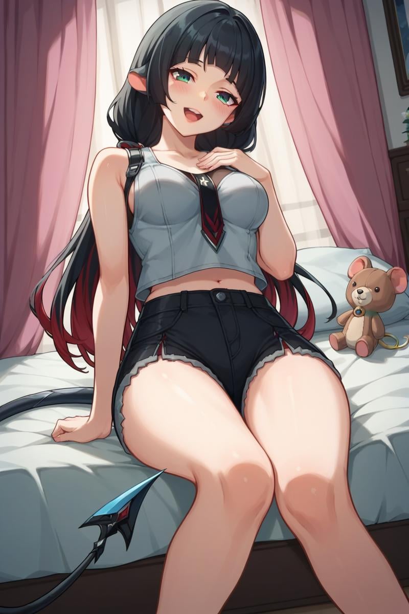 score_9, score_8_up, score_7_up, source_anime, 1girl, prefect lighting, very aesthetic, intricate details, highly detailed background, masterpiece, high quality, prefect hands, best quality, solo,<lora:Jane_Doe_ZZZ_V2:.85>, KJOjane,long hair, black hair, aqua eyes, blunt bangs, tail, animal ears, multicolored hair, mouse ears, tank top, short shorts, barefoot,from below, sitting, laughing, open mouth, hand on chest, blush, head tilt,bedroom, girls bed, stuffed animal, pink curtains,(Beautiful, medium Breasts:1.2), natural breasts,