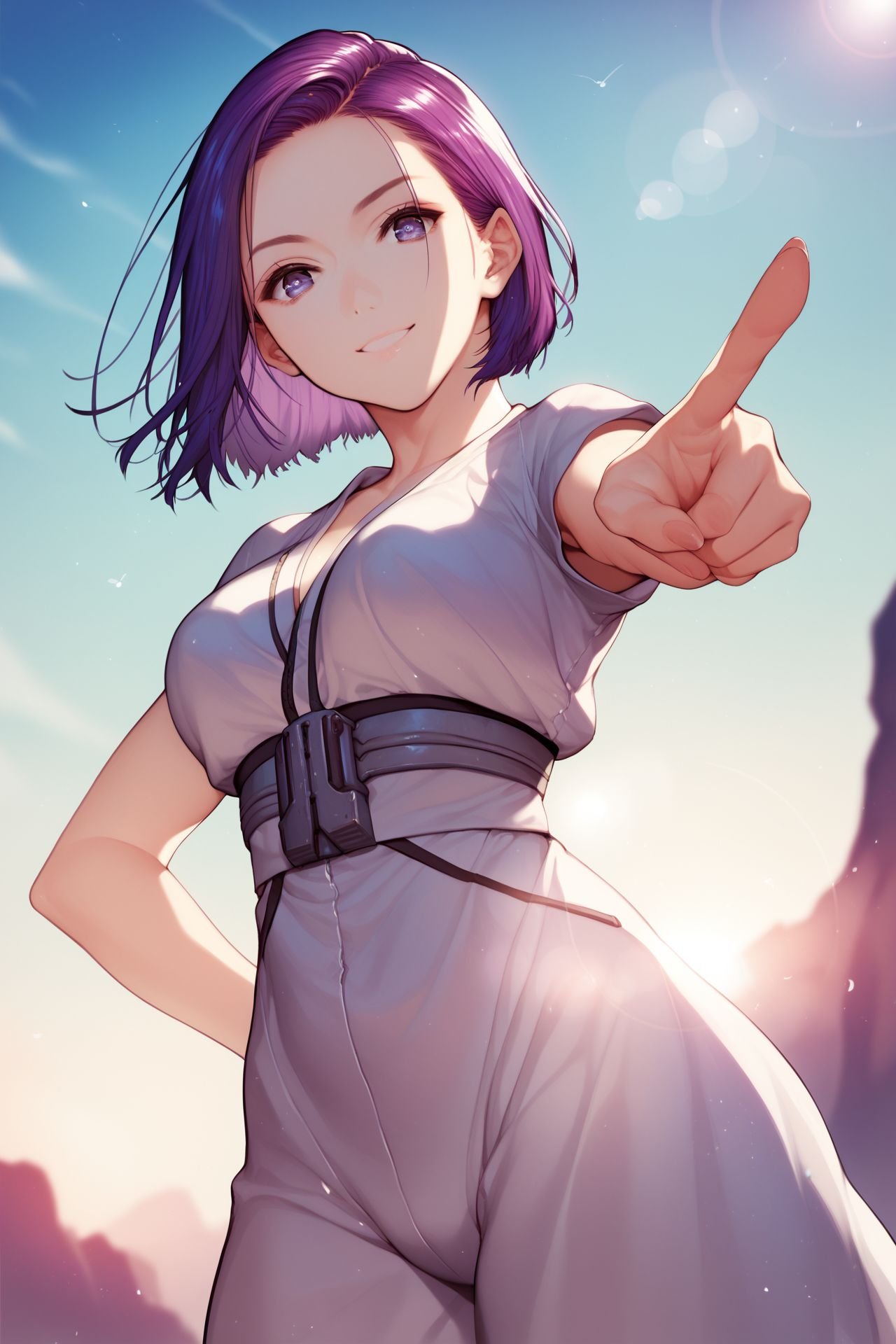 score_9, score_8_up, score_7_up, 1girl, looking at viewer, pointing at self, seductive smile, dark purple hair, widow's peak, inverted bob, detailed eyes, medium breasts, silver clothes, lens flare, outdoors, from below <lora:necomi_PonyXL_style_v02:1>