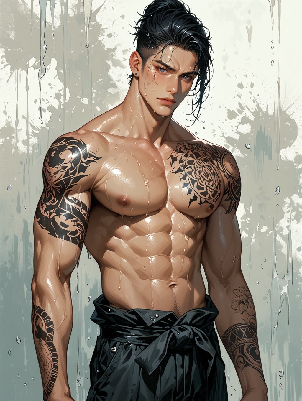 score_9, score_8_up, score_7_up,rating_explicit,High-contrast, dramatic  muscular man standing against a textured, grungy background. The subject has long, dark hair that is slicked back and wet, and his skin is tan. He is shirtless, revealing a heavily tattooed upper body with intricate designs covering his arms, chest, and back. He is wearing loose, black pants that are tied at the waist with a black sash ,The overall composition is dynamic, with the subject's intense expression and the dramatic lighting highlighting his physique and tattoos.