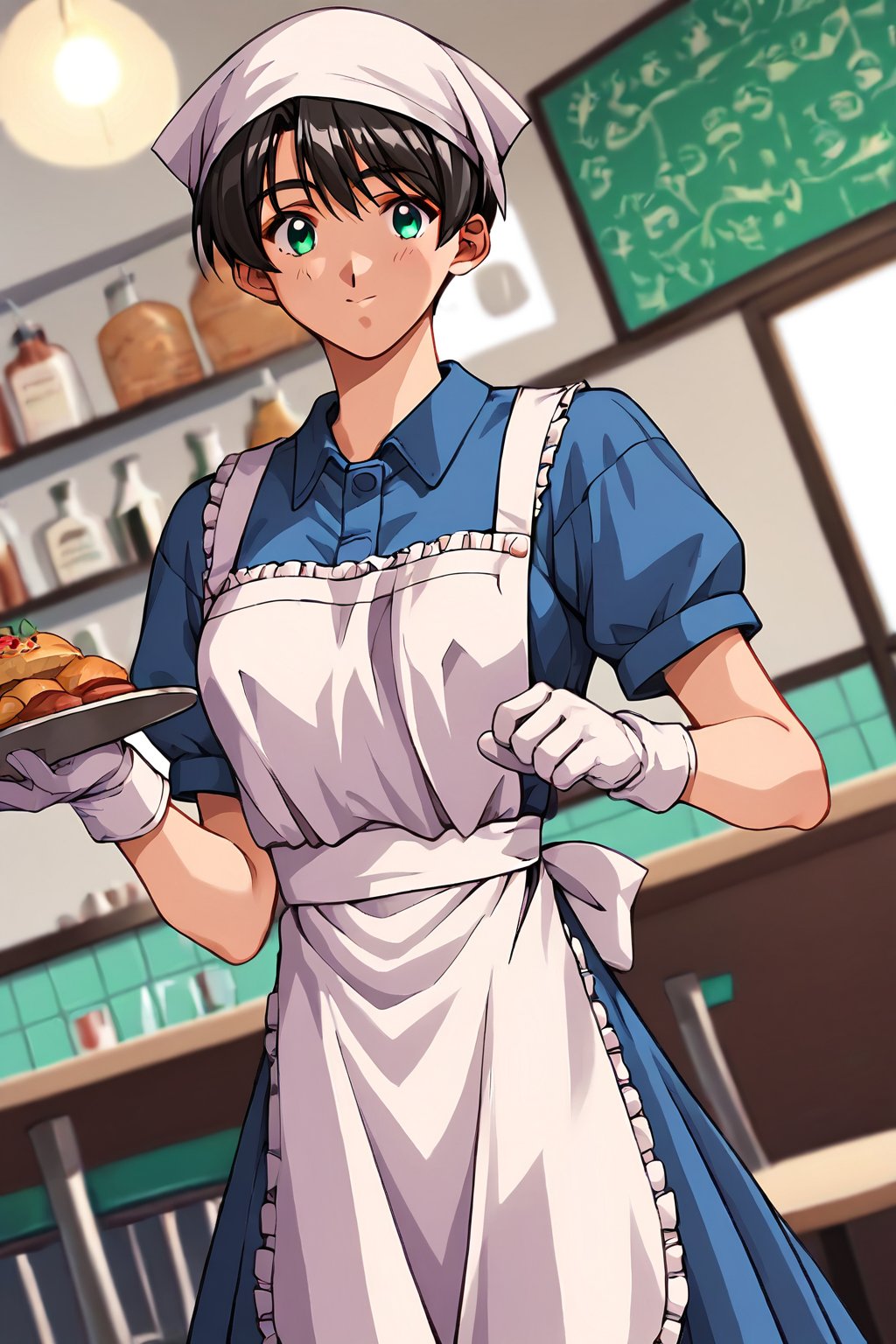 score_9, score_8_up, score_7_up, score_6_up, score_5_up, score_4_up, source_animewakabayashi ayu, 1girl, black hair, green eyes, short hair, solo, smile, apron, blue shirt, blue skirt, frilled apron, frills, gloves, head scarf, shirt, short sleeves, skirt, uniform, waist apron, waitress, white apron, white gloves, food, tray, food tray, indoors, restaurant, looking at viewer, dutch angle, cowboy shot,masterpiece, perfect face, best quality, beautiful girl, blurry background, cute girl, beautiful eyes, shiny eyes, anime coloring, anime screencap, absurdres, <lora:wakabayashi ayu anyt 905:0.8>