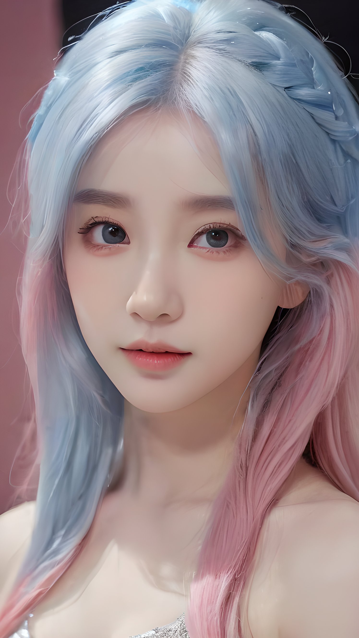 yanshangyue, 1girl, solo, xiaowu, BIG EYES, xxmix girl woman, <(masterpiece, realistic:1.3), (extremely intricate:1.2)>, portrait of a girl, sliver gradient hair, (sliver hair:1.1), (light blue hair:1.1), (pink hair:1.2), ((solid color background:1.3)), beautiful detailed glow, (detailed ice), beautiful detailed water,  <lora:molixl3:0.6>