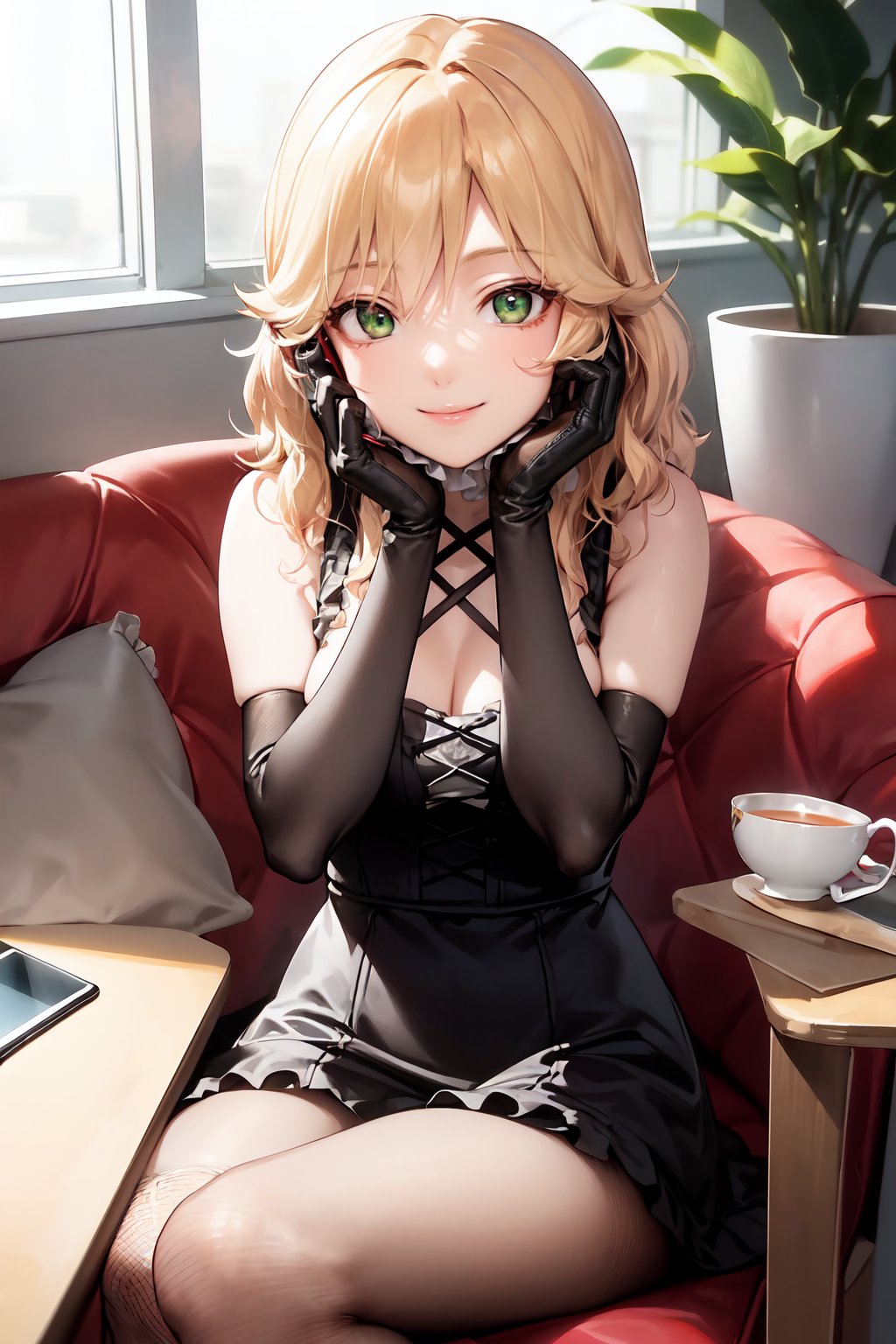 1girl, sakurai momoka, , 1other, blonde hair, cellphone photo, cross-laced clothes, cup, dress, fishnet gloves, fishnets, frilled dress, frills, gloves, green eyes, hand on own cheek, hand on own face, head rest, holding, holding phone, indoors, looking at viewer, meta, phone, pointing, pov, pov hands, sitting, smile, tea, teacup, 