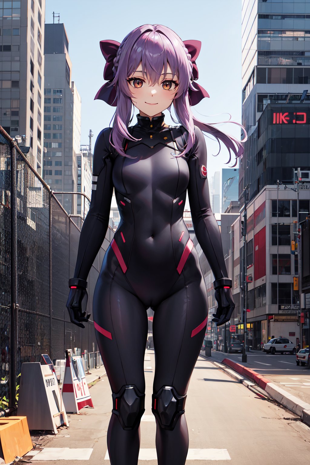 masterpiece, best quality, highres, aashinoa, hair bow, <lora:hiiragi_shinoa_v1:0.7>, cyberpunk, bodysuit, standing, smile, city