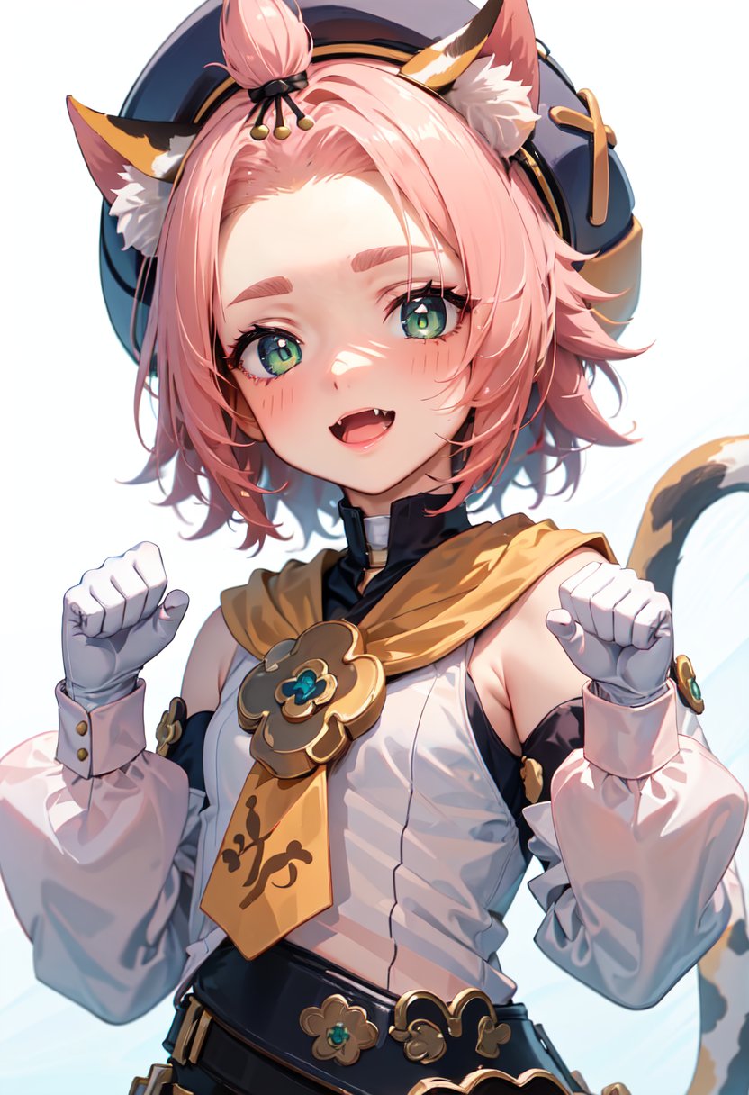 best quality, masterpiece, highres, solo, (diona_genshin:1.10), 1girl, bangs pinned back, blush, detached sleeves, long sleeves, looking at viewer, white gloves, forehead, open mouth, puffy sleeves, fang, paw pose, simple background, smile, upper body, paw print, white background, 0 <lora:diona_genshin:0.80>