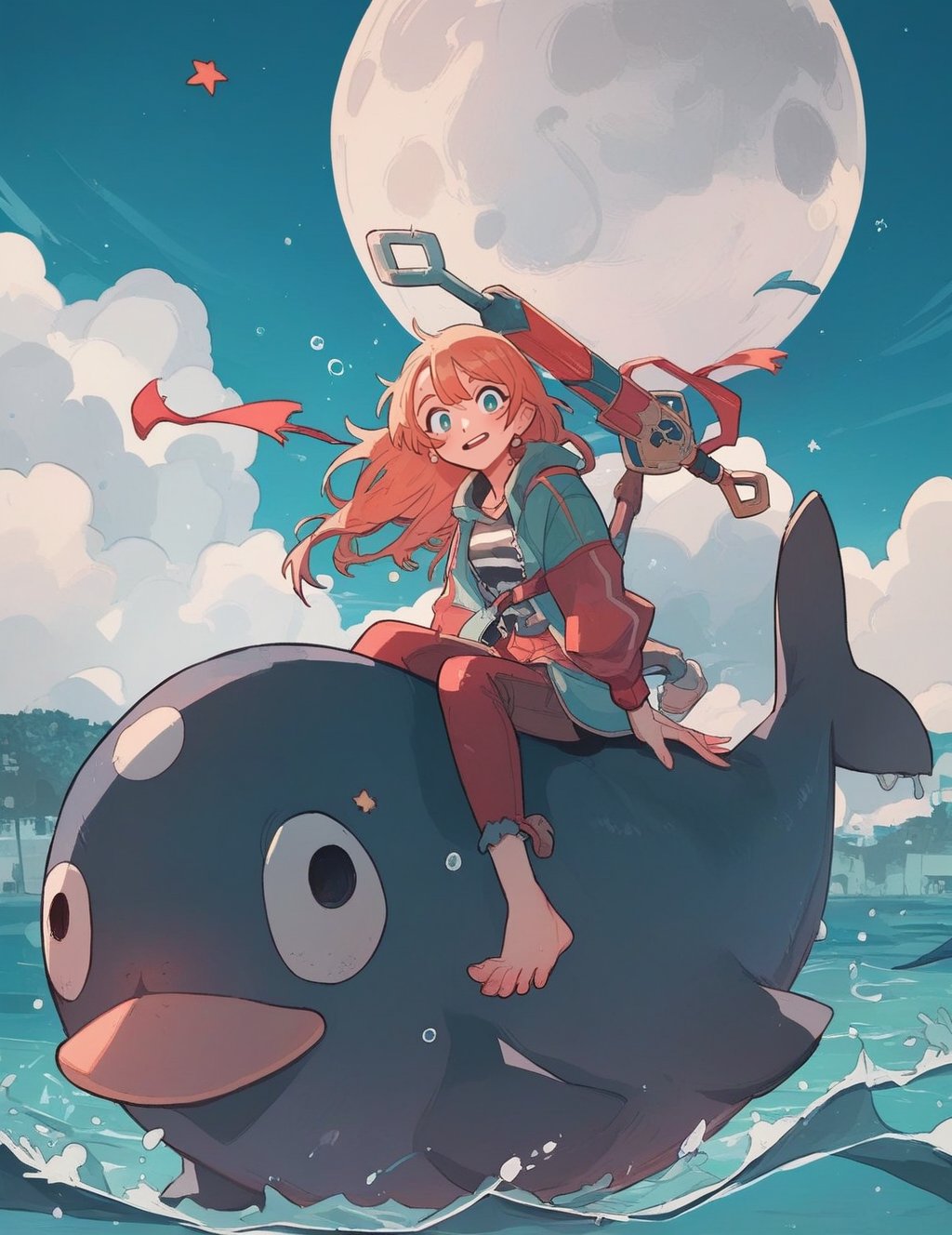 cute woman riding a Dolphin in the on the moonscore_8_up <lora:cutethings-PonyXL:1>