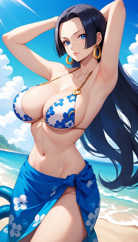 score_9, score_8_up, score_7_up, intricate details,1girl, boa hancock, one piece, blue eyes, collarbone, arm up, armpits, earrings, jewelry, large breasts, navel, snake earrings, bikini, white bikini, beach, blue sarong, floral print,