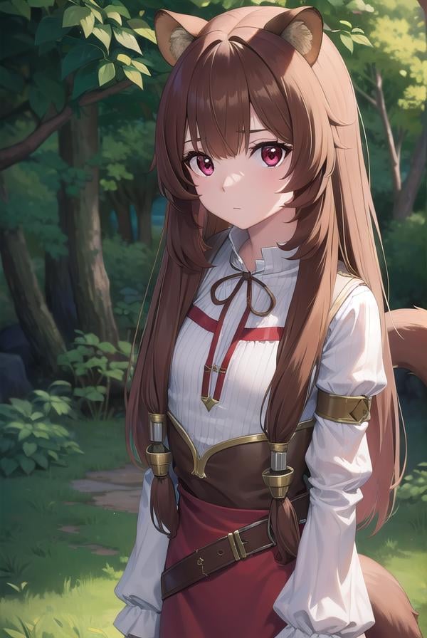 raphtalia, <lora:raphtalia-lora-nochekaiser:1>,raphtalia, animal ears, brown hair, long hair, raccoon ears, raccoon girl, raccoon tail, (red eyes:1.5), tail,BREAK arm garter, belt, brown belt, brown dress, dress, juliet sleeves, long sleeves, puffy sleeves, short dress,BREAK looking at viewer,BREAK outdoors, forest, nature, sun, sky, (cowboy shot:1.5),BREAK <lyco:GoodHands-beta2:1>, (masterpiece:1.2), best quality, high resolution, unity 8k wallpaper, (illustration:0.8), (beautiful detailed eyes:1.6), extremely detailed face, perfect lighting, extremely detailed CG, (perfect hands, perfect anatomy),