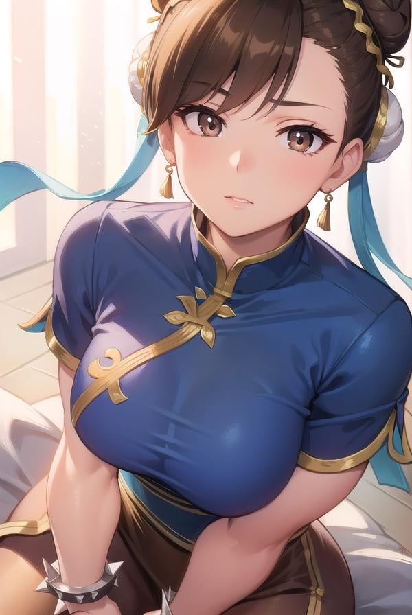 chunli, <lora:chun li v2-lora-nochekaiser:1>,chun li, (brown eyes:1.7), brown hair, (bun cover:1.5), double bun, eyeliner, hair bun, lipstick, makeup, pink lips,BREAK blue dress, boots, bracelet, brown pantyhose, china dress, chinese clothes, cross-laced footwear, dress, gold trim, jewelry, pantyhose, pelvic curtain, puffy sleeves, sash, short sleeves, side slit, spiked bracelet, spikes, white footwear,BREAK outdoors,BREAK looking at viewer, full body,BREAK <lyco:GoodHands-beta2:1>, (masterpiece:1.2), best quality, high resolution, unity 8k wallpaper, (illustration:0.8), (beautiful detailed eyes:1.6), extremely detailed face, perfect lighting, extremely detailed CG, (perfect hands, perfect anatomy),