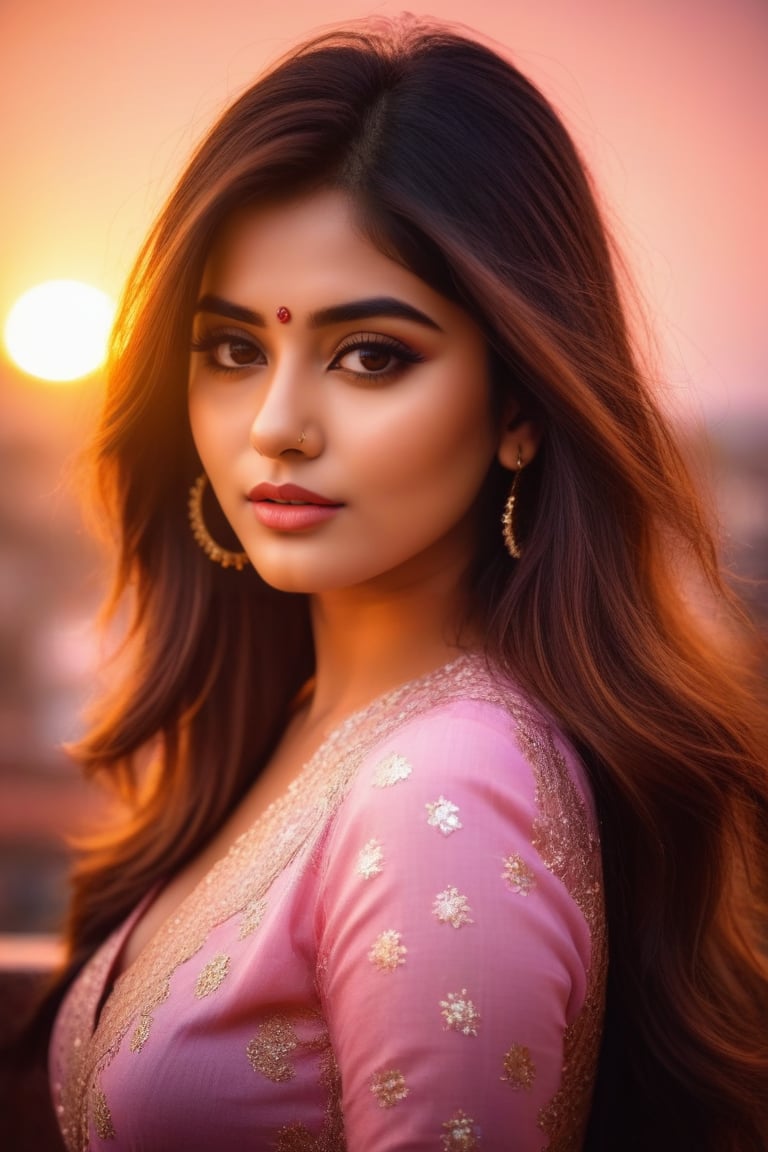 18 years woman,  hot,  sexy,  indian,  model,  Instagram model,  influencer,  happy face,  sharp jawline,  baby pink lips,  cute looking,  catty eyes,  best quality,  masterpiece,  beautiful and aesthetic,  16K,  (HDR:1.4),  high contrast,  bokeh:1.2,  lens flare,  (vibrant color:1.4),  (muted colors,  dim colors,  soothing tones:0),  black eyes,  Exquisite details and textures,  cinematic shot,  Warm tone,  (Bright and intense:1.2),  wide shot,  ultra realistic illustration,  siena natural ratio,  realistic style,  Full length view,  Straight brown hair with blunt bang,  vibrant colour kurti,  rooftop background,  sunset view,  realistic face,  no bindi,  a beautiful indian girl,  Fair skin,  icy eyeshadow,  breast size 35,  Weast size 30,  butts size 35 femme fatale,<lora:EMS-70794-EMS:0.400000>