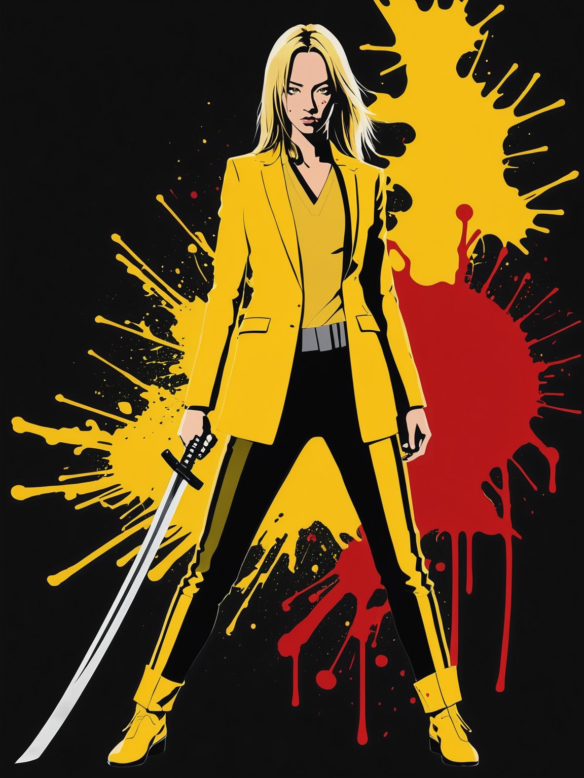 cool yellow illustration of kill bill with ONE SINGLE katana and some blood splatter, black silhouette, shadow, movie poster