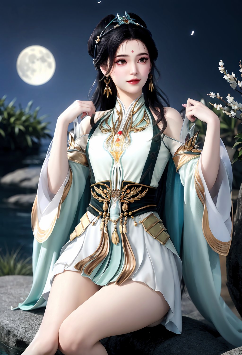 lying, on_back, lie_supine, flat, dress, chinese_clothes, long_sleeves, detached_sleeves, hanfu, barefoot, looking_at_viewer, (8k, RAW photo, best_quality),(highly_detailed),(masterpiece:1.2),(ultra-detailed),(extremely_detailed_cg_8k_wallpaper),(realistic:1.2),(photorealistic:1.3),(scenery, waterfall, (cherry_blossoms), (milfeulle_sakuraba), (petals, falling_petals), full_moon, moon, night, moonlight, night_sky, sky, petals, water, stone),1girl, solo, black_hair, long_hair, hair_ornament, forehead_mark, facial_mark, eyeshadow, eyelashes, jewelry, earrings, makeup, medium_breasts, white_legwear,fingernails, medium_shot,(texture_skin:1.3),(shiny_skin:1.4),(an_extremely_delicate_and_beautiful),<lora:syqiangk_加强_龙吉_C9_5.2:0.8>,