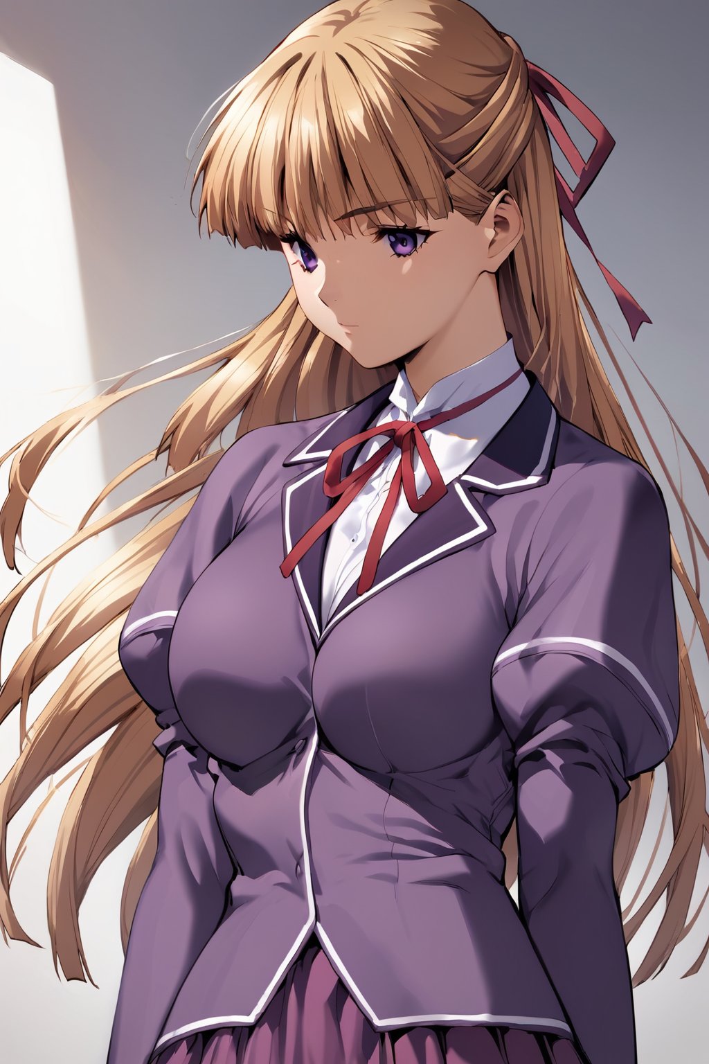 score_9, score_8_up, score_7_up, score_6_up, score_5_up, score_4_up, source_anime,cowboy shot, kanzaki asuka, 1girl, solo, school uniform, purple blazer, purple skirt, half updo, hair ribbon, purple eyes, blonde hair, long hair, large breasts, blunt bangs, (masterpiece, high-quality, breathtaking, highres, ultra detailed), (expressive eyes, perfect face),<lora:kanzaki asuka auti:0.8>