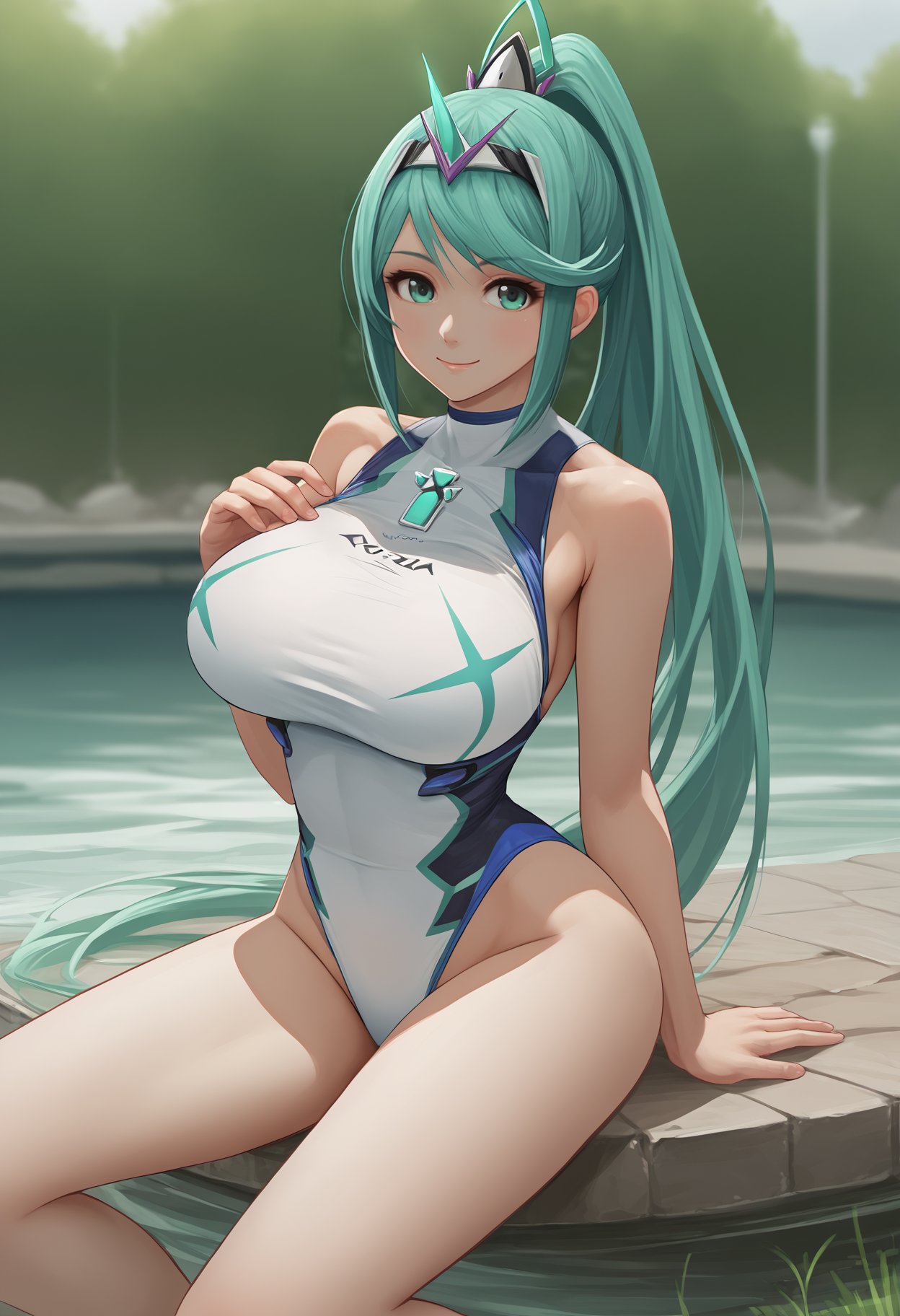 score_9, score_8_up, score_7_up, source_anime BREAK 1girl, solo, <lora:pneuma-xb-richy-v1_pdxl:1> pnmsum, aqua eyes, aqua hair, long hair, ponytail, tiara, large breasts, one-piece swimsuit, looking at viewer, outdoors, smile