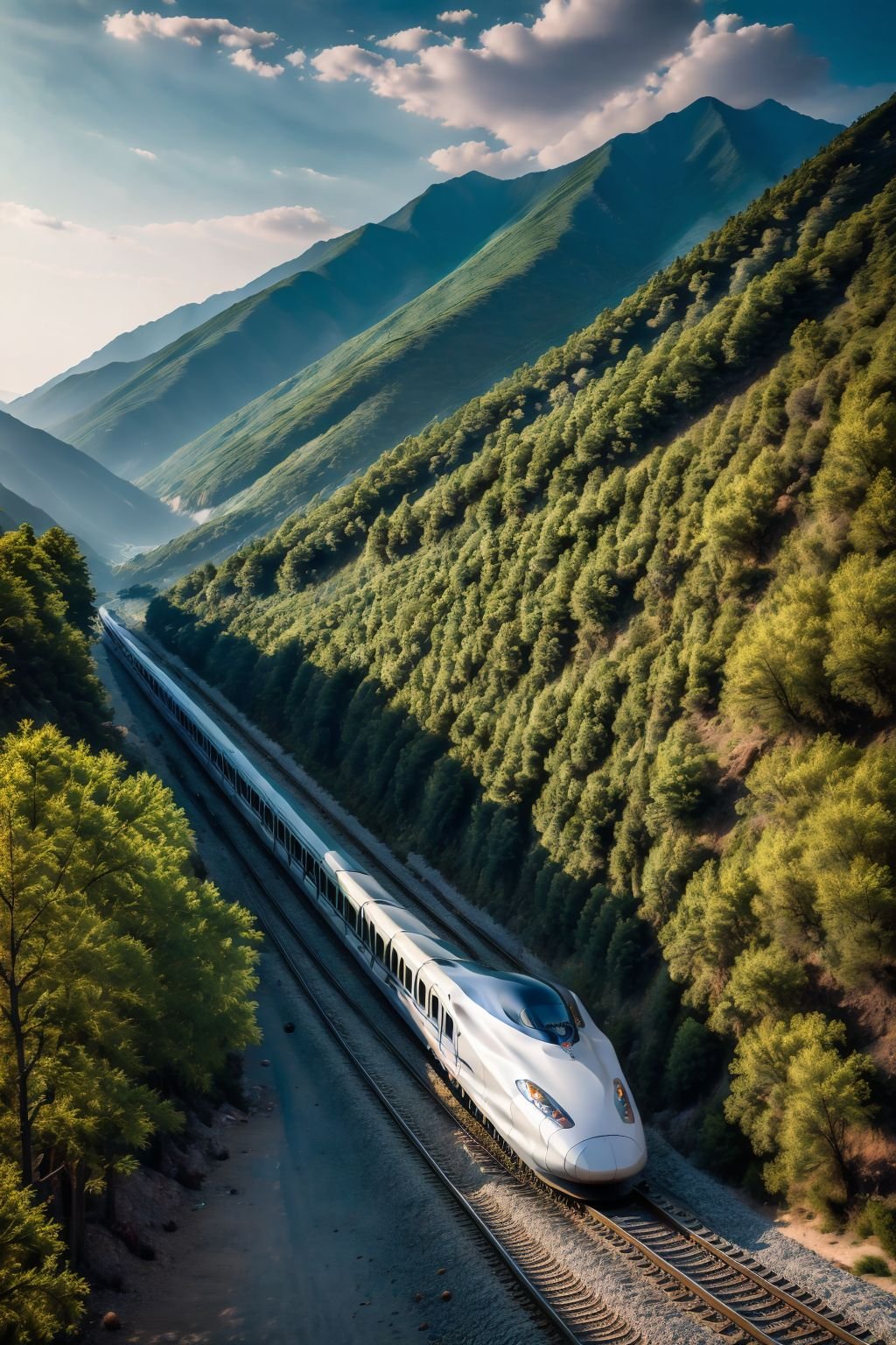 ultra realistic 8k cg,picture-perfect face,flawless,clean,masterpiece,professional artwork,famous artwork,cinematic lighting,cinematic bloom,highspeed rail,outdoors,sky,cloud,tree,no humans,ground vehicle,nature,scenery,motor vehicle,forest,mountain,car,road,vehicle focus,landscape,mountainous horizon,