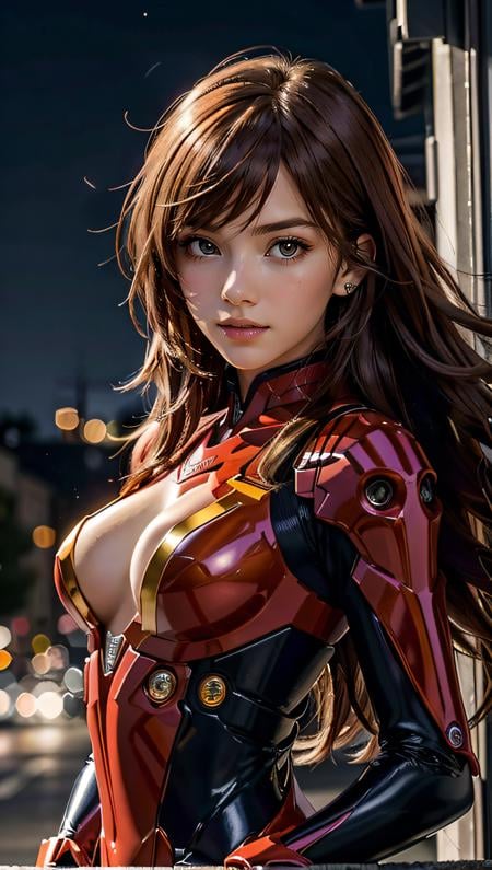 (best quality, masterpiece, colorful, dynamic angle, highest detailed)(Asuka Langley), upper body photo, fashion photography of cute red long hair girl (Asuka Langley), dressing high detailed Evangelion red suit (high resolution textures), in dynamic pose, bokeh, (intricate details, hyperdetailed:1.15), detailed, moonlight passing through hair, perfect night, (fantasy background), (official art, extreme detailed, highest detailed), HDR+