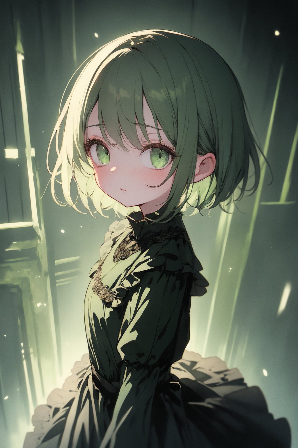 absurdres, softly illustration, softly atmosphere, softly color pencil illustration, hyper quality, hyper detailed, 1 girl, solo, (loli:1.3), matte black short hair, large eyes, detailed beautiful eyes, green eyes, expressionless, upper body, from above, green dress