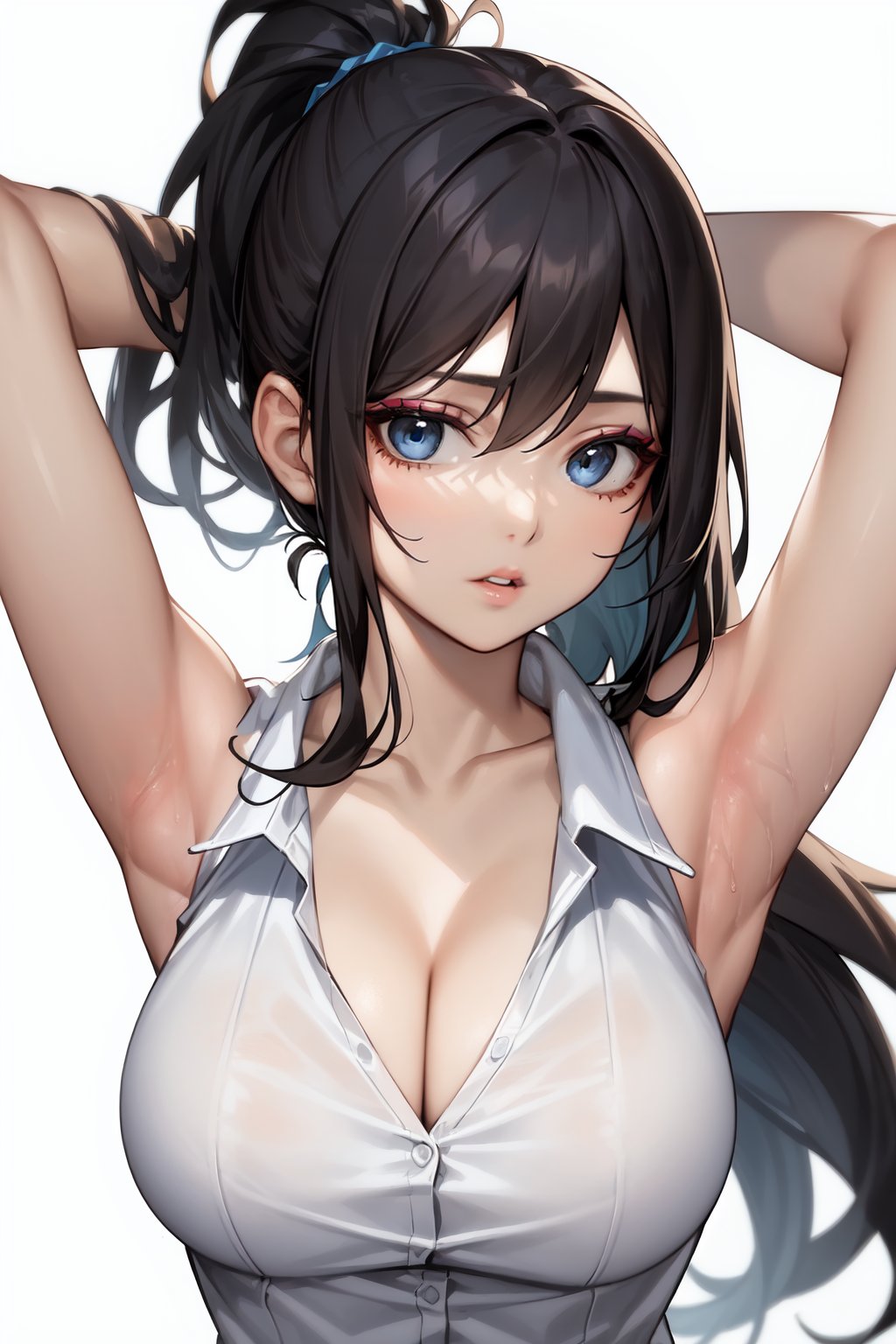 1girl, , armpits, arms up, black hair, blue eyes, breasts, cleavage, collarbone, eyeshadow, large breasts, long hair, makeup, parted lips, ponytail, red eyeshadow, shirt, sleeveless, sleeveless shirt, solo, tying hair, upper body, white background, white shirt, 