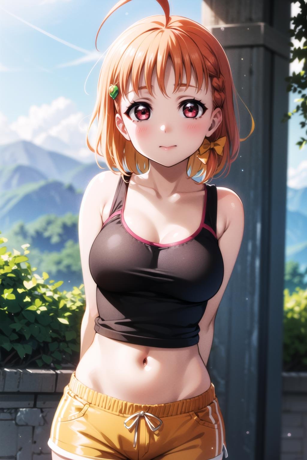 (masterpiece, best quality, ultra-detailed), (illustration), (beautiful detailed eyes), 1girl, solo,<lora:ChikaV2-06:0.75> takami chika, red eyes, medium breasts, ahoge, yellow hair bow,<lora:more_details:0.25>,outdoors, cowboy shot, arms behind back, shorts, black tank top, navel, 