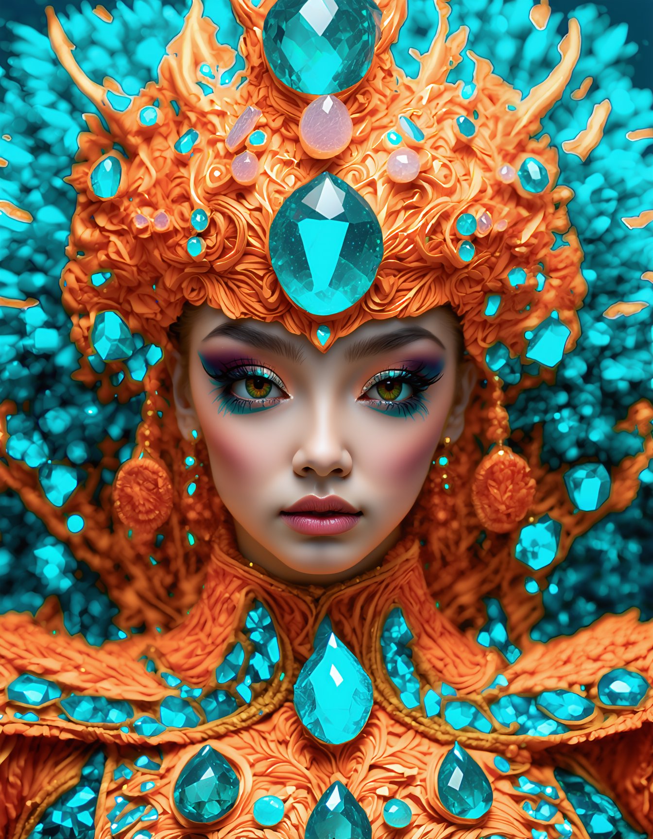 best quality, 4K, 8K, high-resolution, masterpiece, ultra-detailed, photorealistic,  a beautiful woman in an orange and blue dress with a headdress made out of turquoise and emeralds, woman, looking at viewer, blue eyes, jewelry, green eyes, earrings, horns, makeup, portrait, gem, realistic, straight-on, blue gemstone, green gemstone,