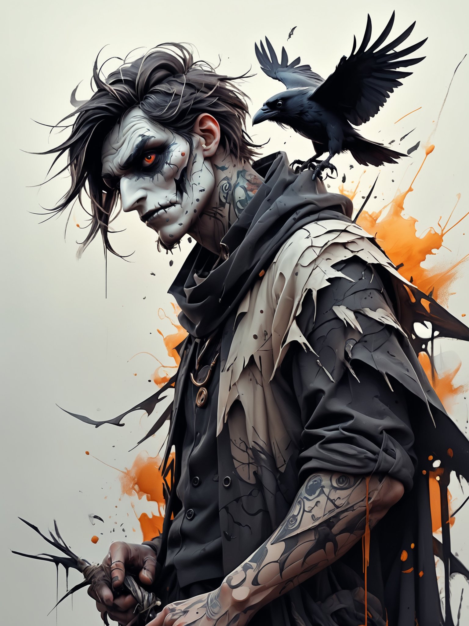 Vektor Create an exquisite ink painting on white paper that is the perfect multi-exposure work of art. This piece was intended to combine the volume-shaded of a Raven and a scarecrow . Hyper realistic .Tattoo style, paint splash, colors in white ,black and white , illustration, painting, photo, poster, dark fantasy, epic action, Unreal Engine, cinematic award winning artwork, many details, extreme detailed, full of details,Wide range of colors., dramatic, Dynamic,Cinematic,Sharp details, Insane quality. Insane resolution. Insane details. Masterpiece. 32k resolution. casting shadow style, cucoloris patterned illumination,  dvr-lnds-sdxl, ral-dissolve, ral-ertmsphr, ral-porcelain, ral-pxlprtcl, Niji, aidma-niji