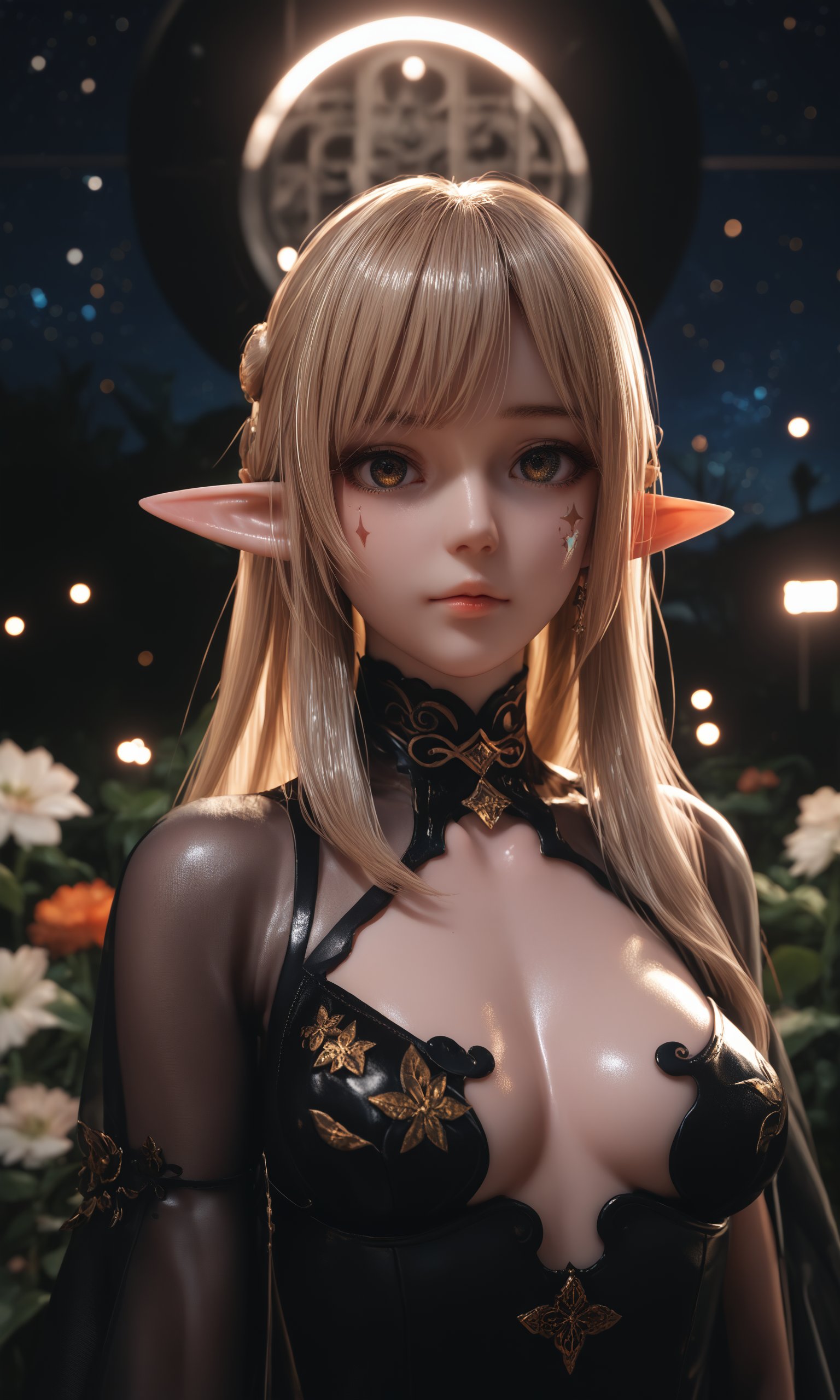 score_9,score_8_up,score_7_up,source_anime,shiny_skin,Elf,bishoujo,18 year old girl,Solo,best details,Masterpiece,small_breasts,spotlight,dark theme,sfw,flowers,night sky,stars,Looking at viewer,upper_body,