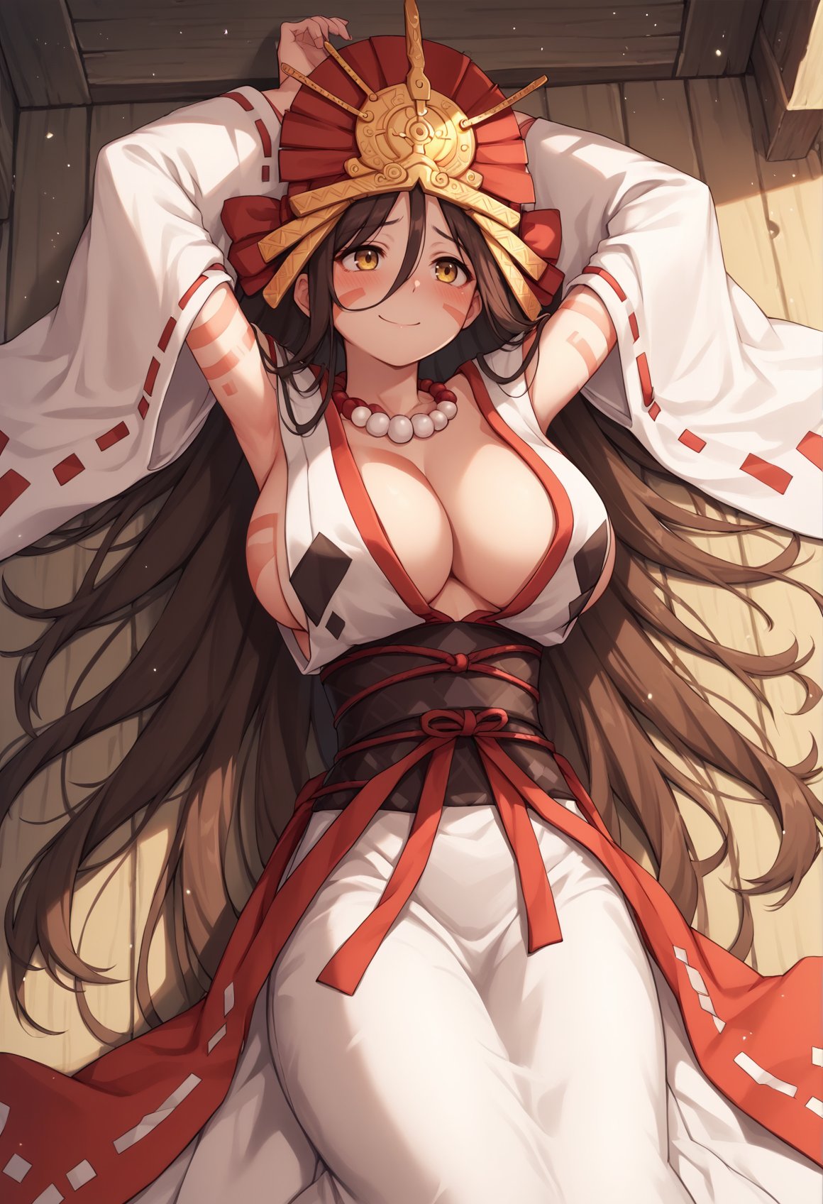 1girl, brown hair, very long hair, yellow eyes, bodypaint, facepaint, headdress, hair ornament, miko, long sleeves, long skirt, detached sleeves, sideboob, cleavage, pearl necklace, arms up, laying, on back, indoors, hut, nervous smile, blushing, looking to the side, big breasts <lora:Himiko:0.8>, score_9, score_8_up, score_7_up, score_6_up, score_5_up, score_4_up, BREAK source_anime, masterpiece