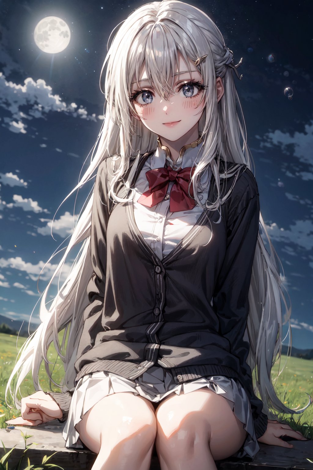 1 girl, solo, uniform, y2k cardigan, very long hair, looking at viewer, blush, bangs, hairpin, dark gray eyes, two-tone hair, gradient hair, hair between the eyes, above the knees, outdoor, best smile, sky, day, cloud, aurora, meadow, fantasy background, night sky, moon, atmosphere soap bubble, noise method, vivid<lora:EMS-80296-EMS:0.800000>, <lora:EMS-179-EMS:0.500000>, <lora:EMS-1093-EMS:0.300000>