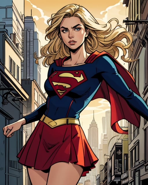 Graphic novel style illustration of upper body, pretty woman, busty, curvy, sexy, city background, sunny day, <lora:Supergirl:0.5> supergirl, cape, blonde hair, long hair, superhero, red cape, red skirt, by jim lee and todd mcfarlane, maximalist, intricate, sharp, extreme detailed, HD, HDR, 4K, high quality, high resolution, 2D, masterpiece, epic, cinematic, digital artwork