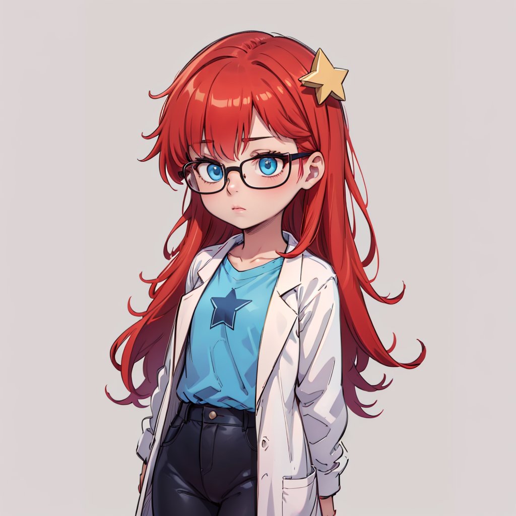 solo, 1girl, cowboy shot, Susan test, glasses,long hair,red hair, labcoat,blue eyes,simple background, star hair ornament ,hair ornament, blue shirt,  <lora:Susan_Test_Leaf1:0.6>