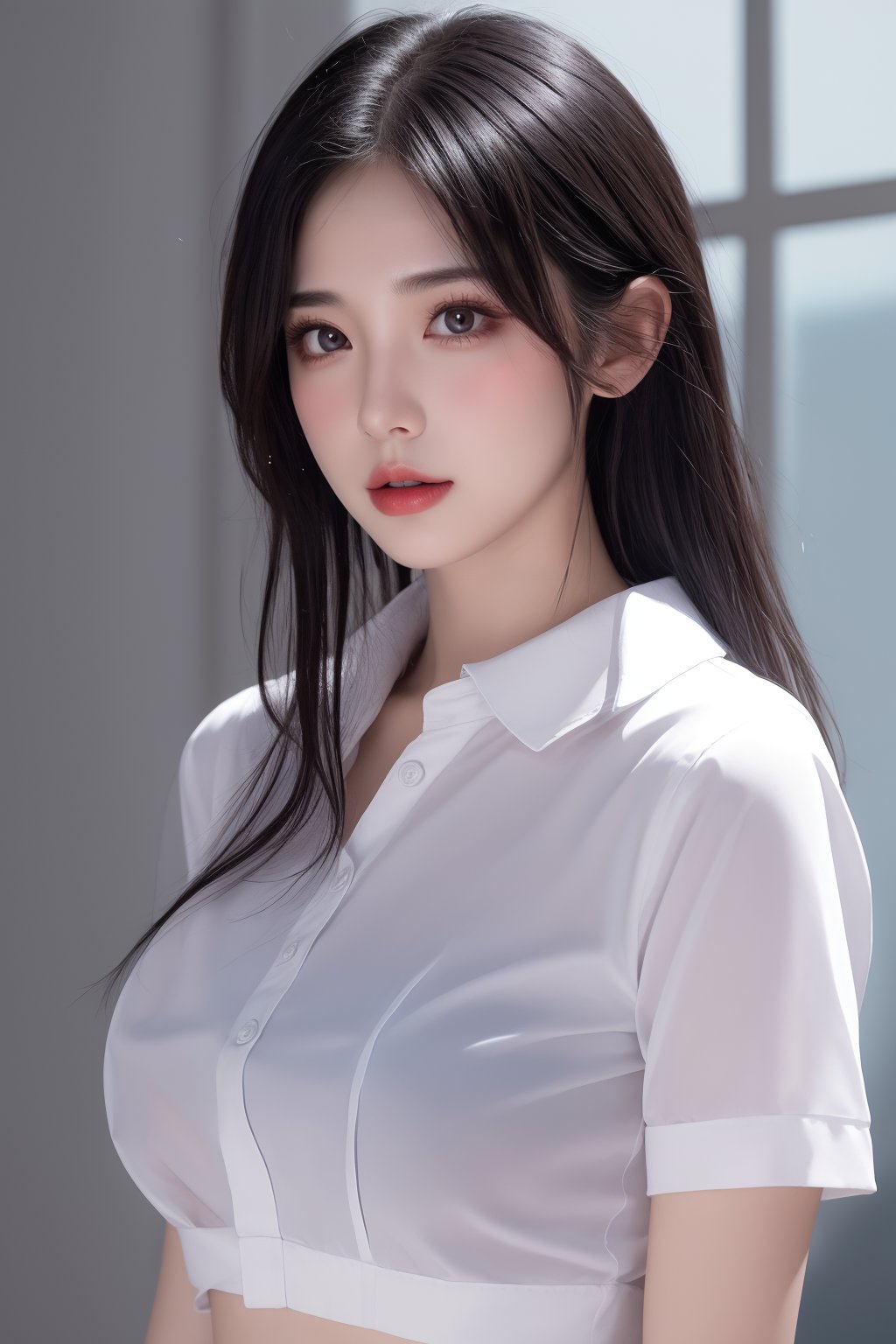 1girl, black hair, bra, bra visible through clothes, breasts, brown eyes, collared shirt, large breasts, lips, long hair, looking at viewer, nose, photorealistic, realistic, see-through, shirt, short sleeves, solo, underwear, upper body, wet clothes, wet shirt, white shirt, wing collar <lora:美女:0.8>