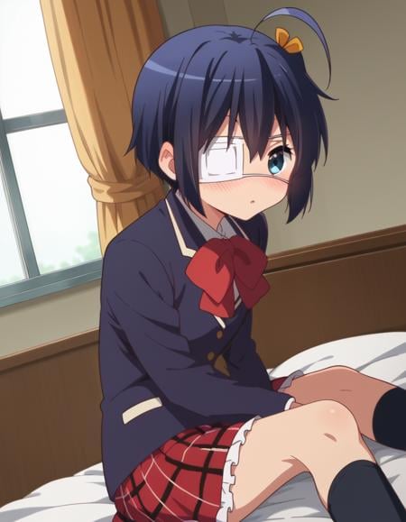 score_9, score_8_up, score_7_up, source_anime,rikkatakanashi, <lora:rikka-takanashi-s2-ponyxl-lora-nochekaiser:1>,rikka takanashi, short hair, blue eyes, black hair, ahoge, one side up, eyepatch, medical eyepatch,skirt, school uniform, jacket, plaid, kneehighs, plaid skirt, blazer, icho private high school uniform,indoors, bed, bed room, on side, blush, drunk,looking at viewer, cowboy shot, dutch angle, solo,