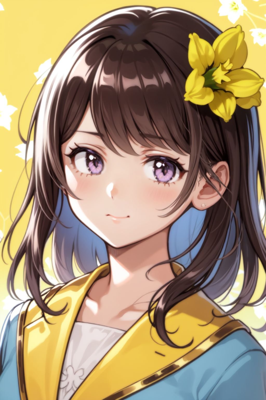 portrait, solo, 1girl, :>, dark brown hair, quiff, purple eyes, beautiful detailed face, yellow tailcoat, frontlighting, Daffodil \(flower\), floral background <lora:nishizawa_style_v01:1>